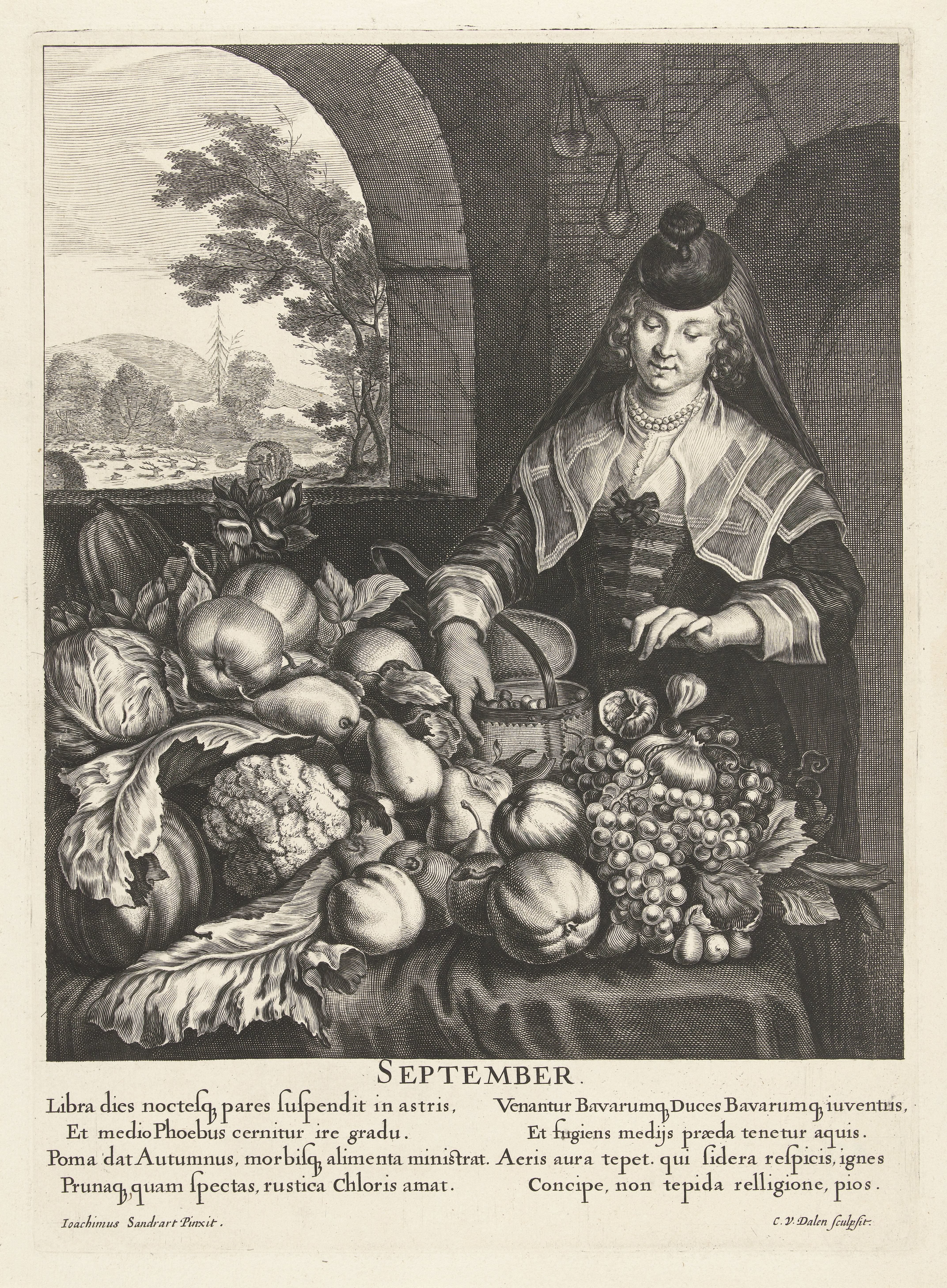 September: Vrouw bij tafel overladen met groenten en fruit