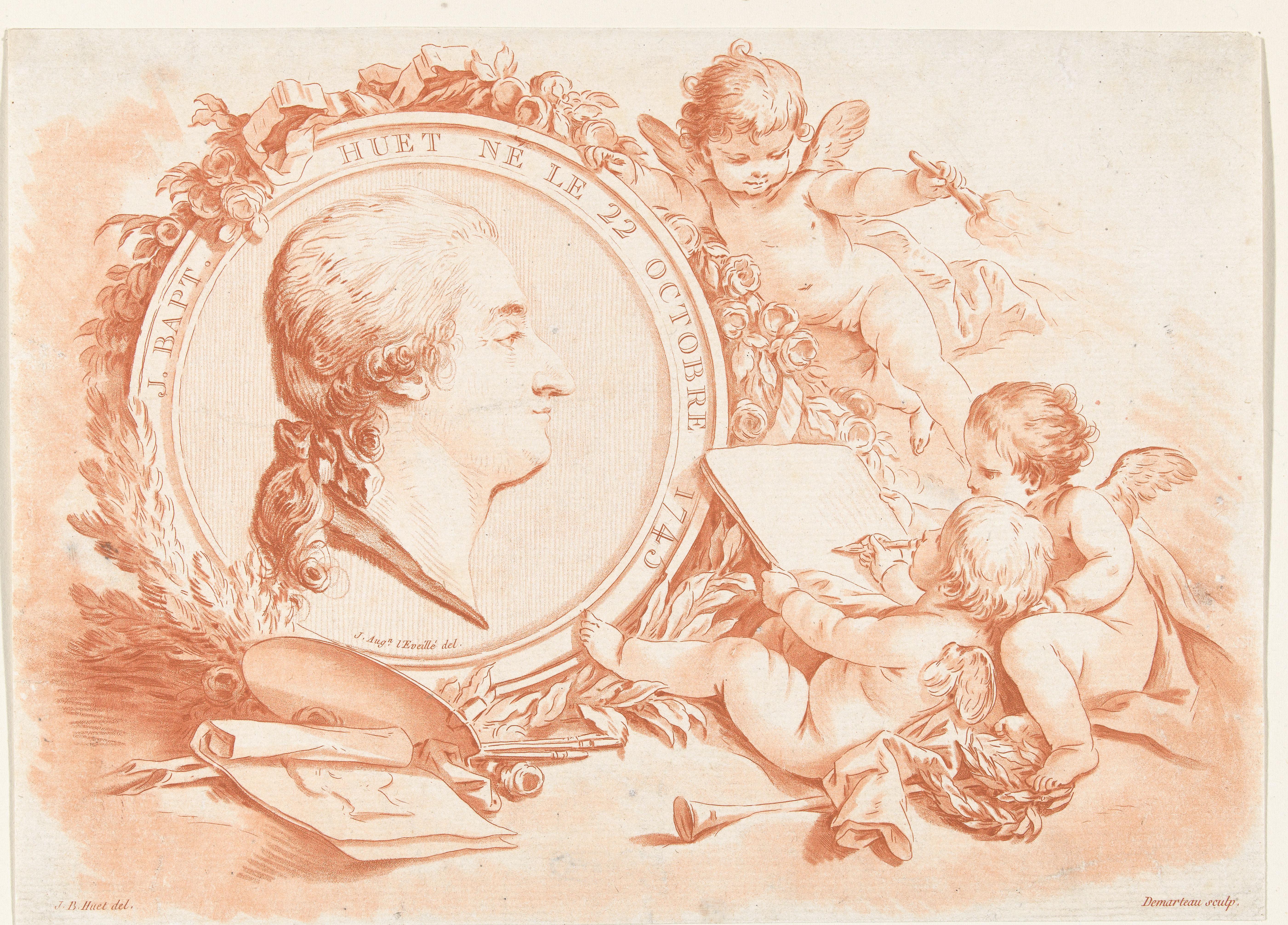 Portret van J.B. Huet op medaillon, putti en gereedschappen van kunstenaar