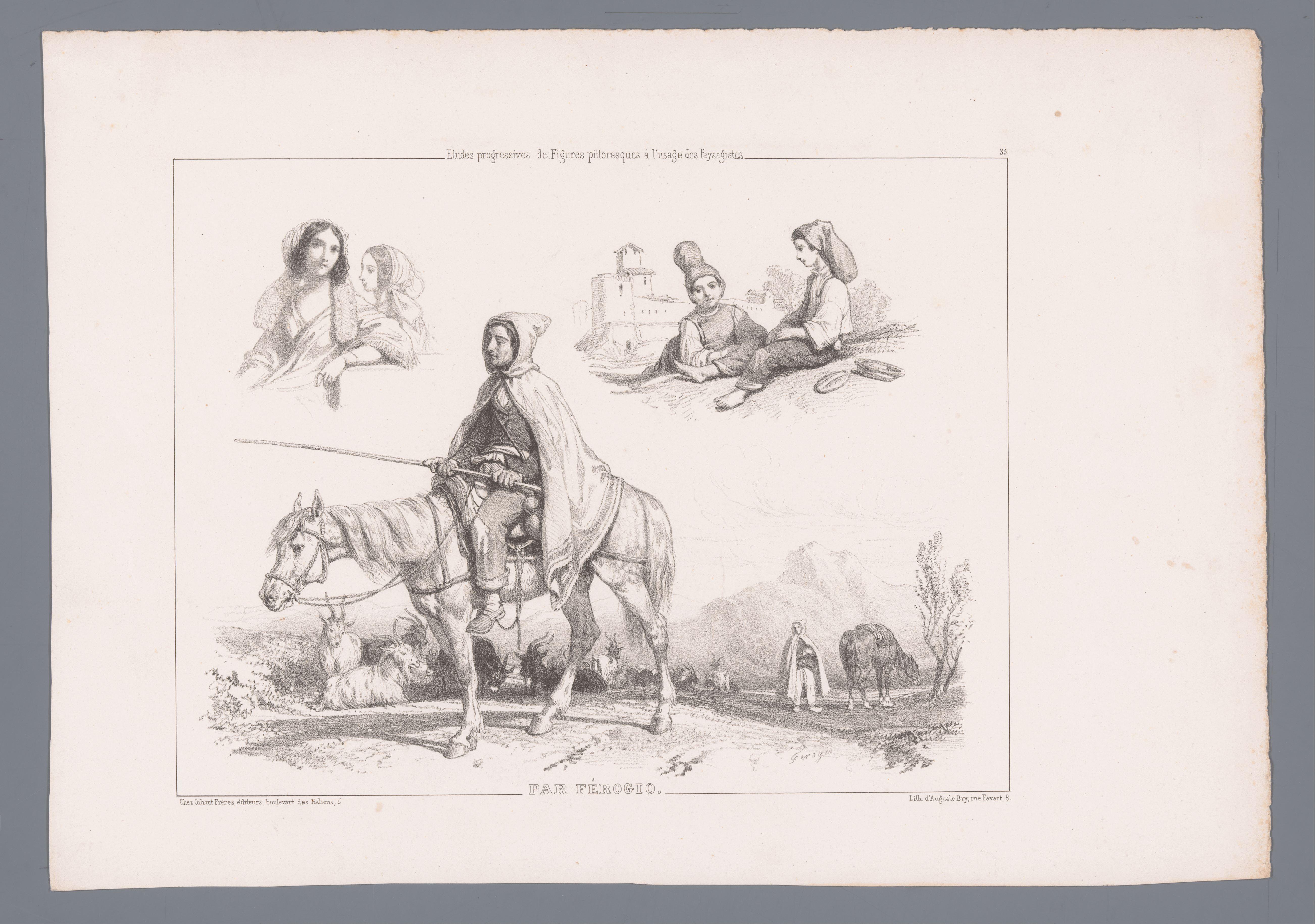 Drie voorstellingen van figuren, waaronder twee geitenhoeders te paard in een landschap