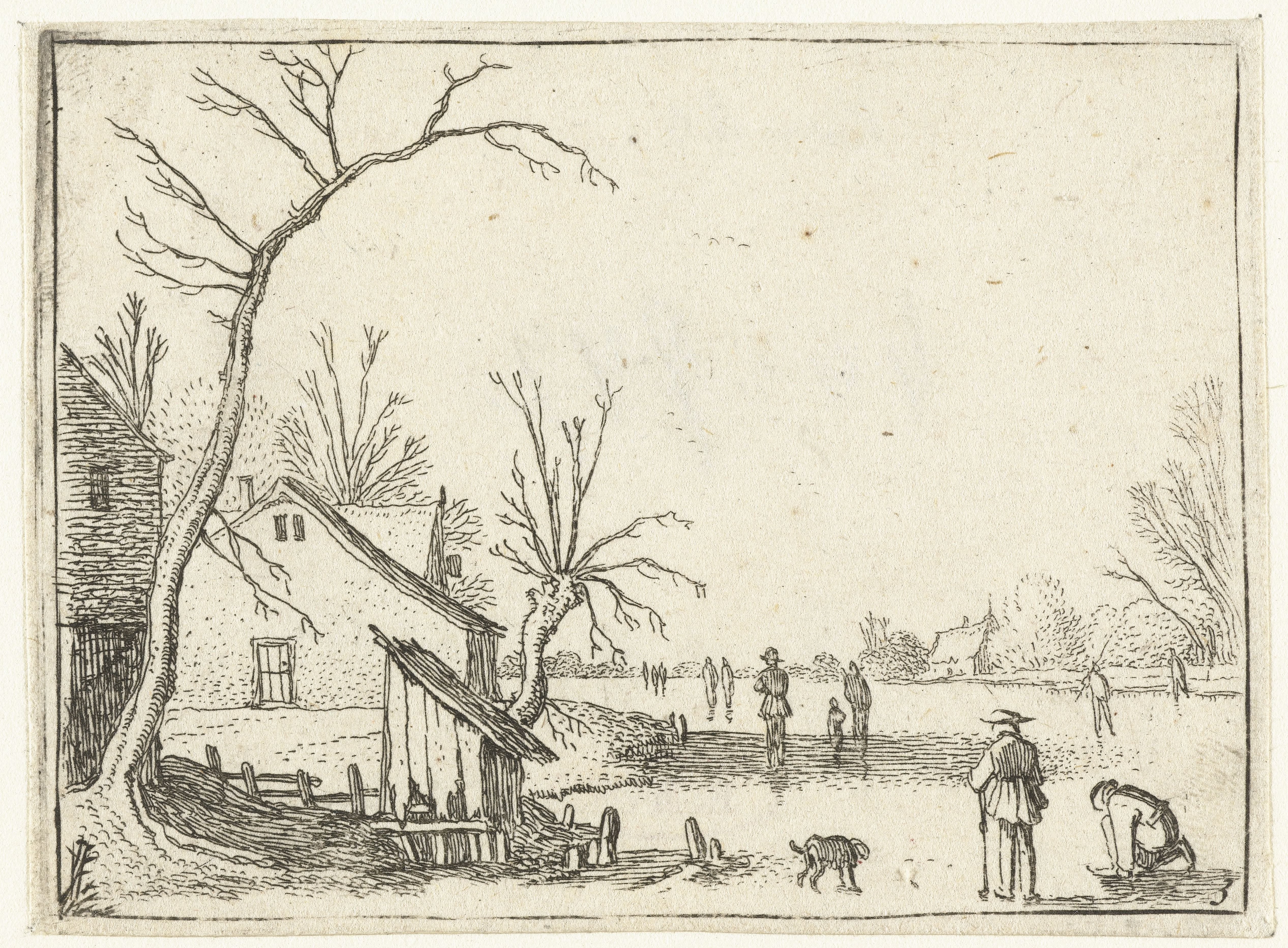 Boerderij bij bevroren rivier en schaatsers op het ijs