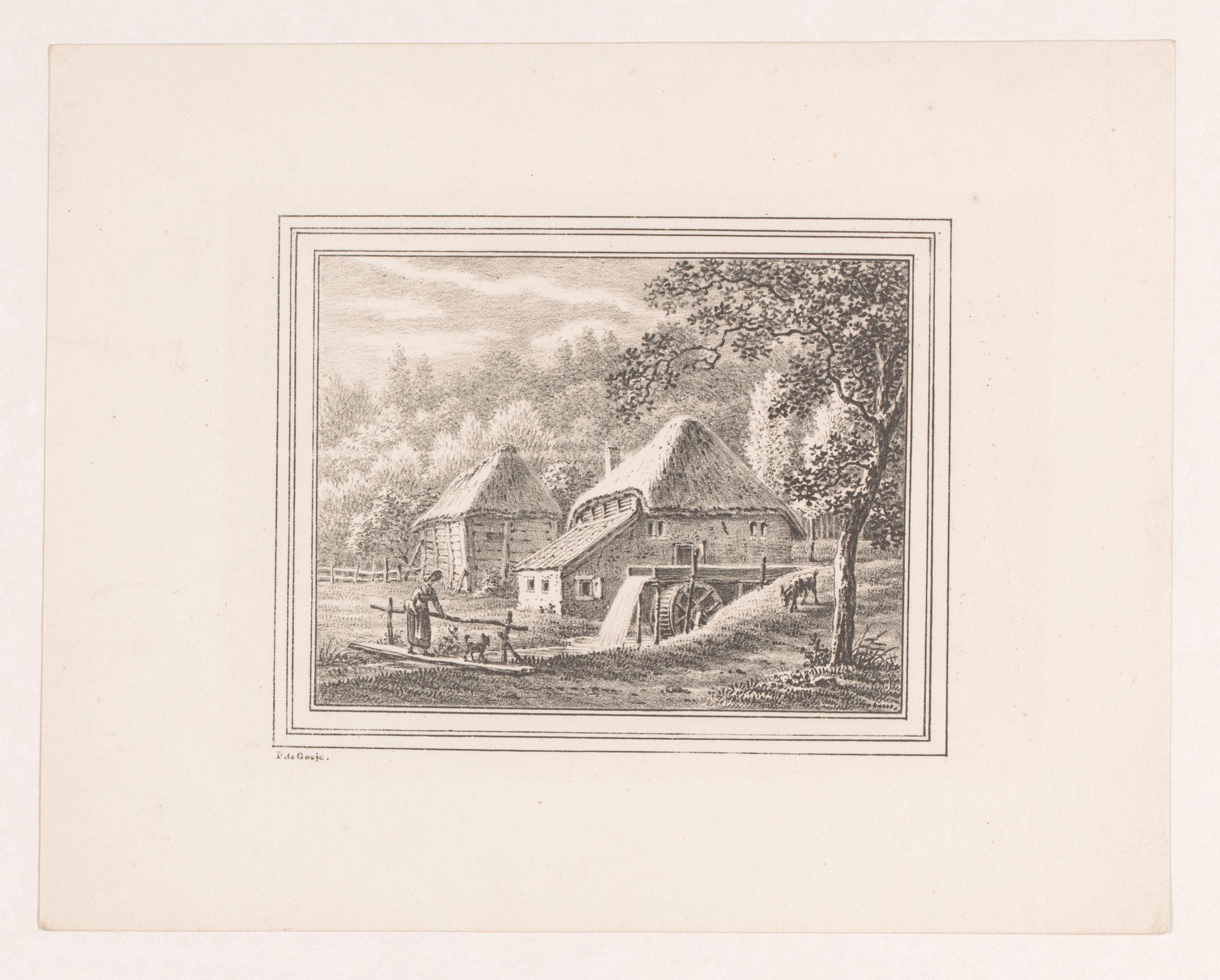 Landschap met watermolen en schuur
