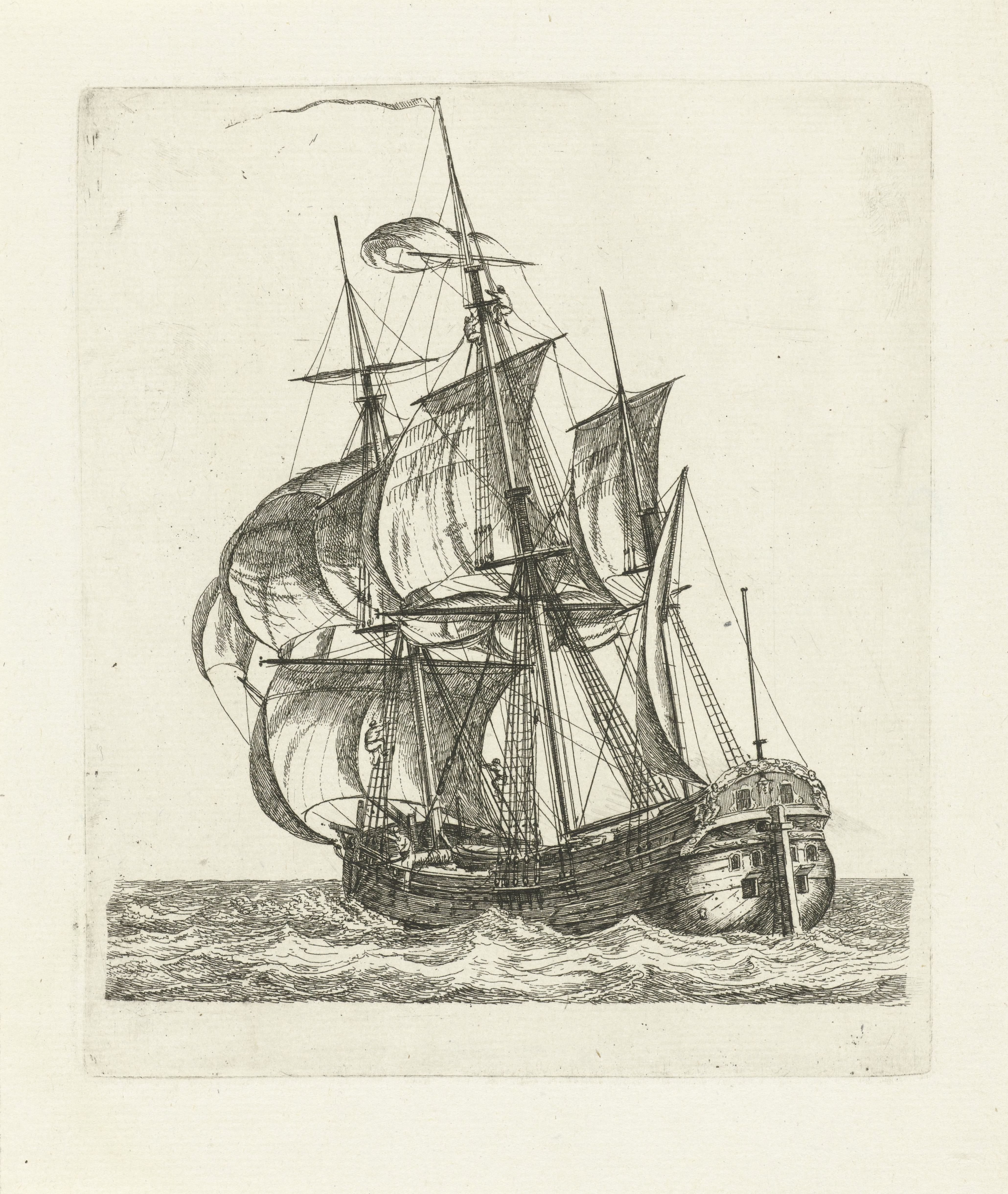 Driemaster met twee figuren in de mast