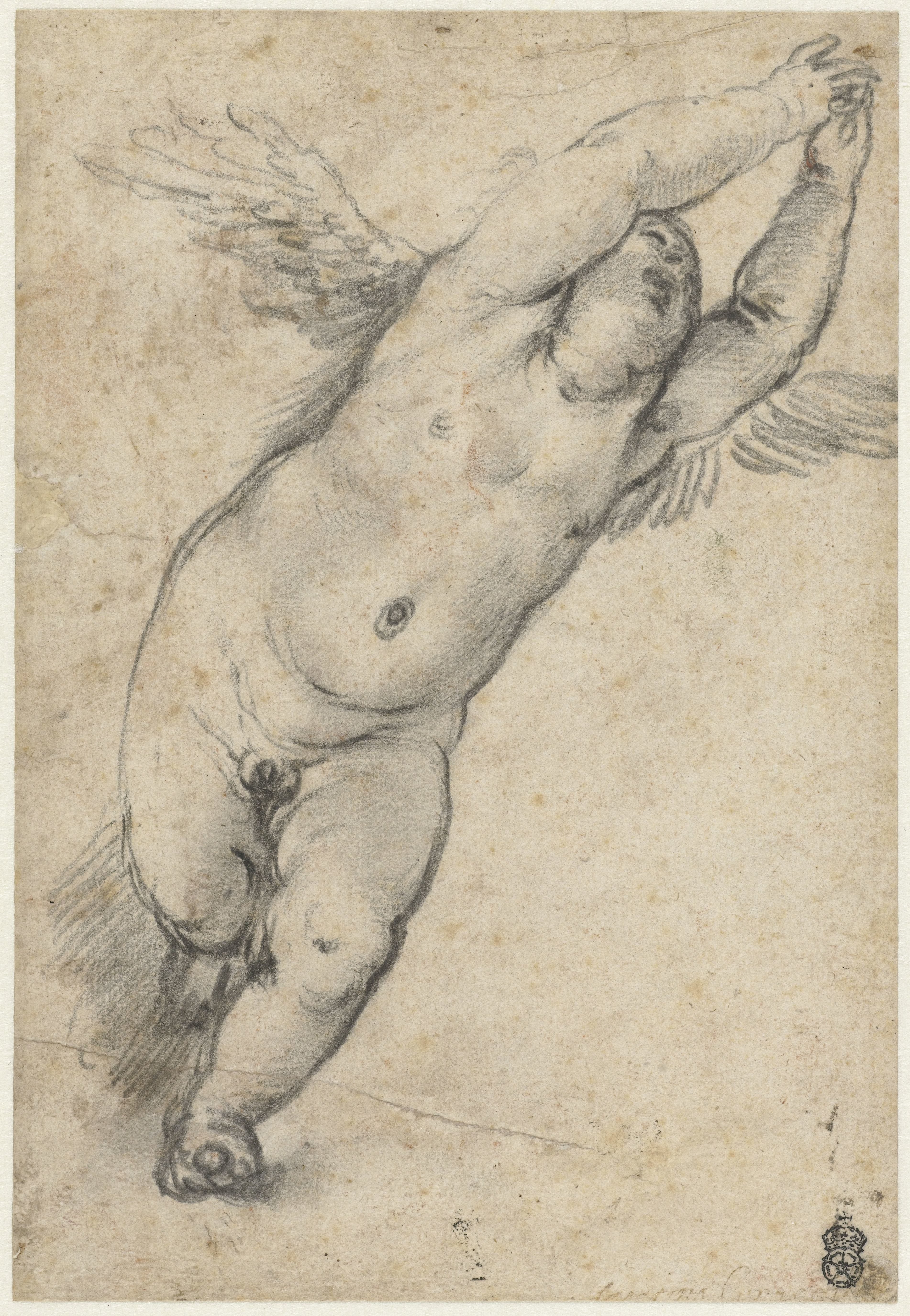 Vliegende putto met opgeheven armpjes