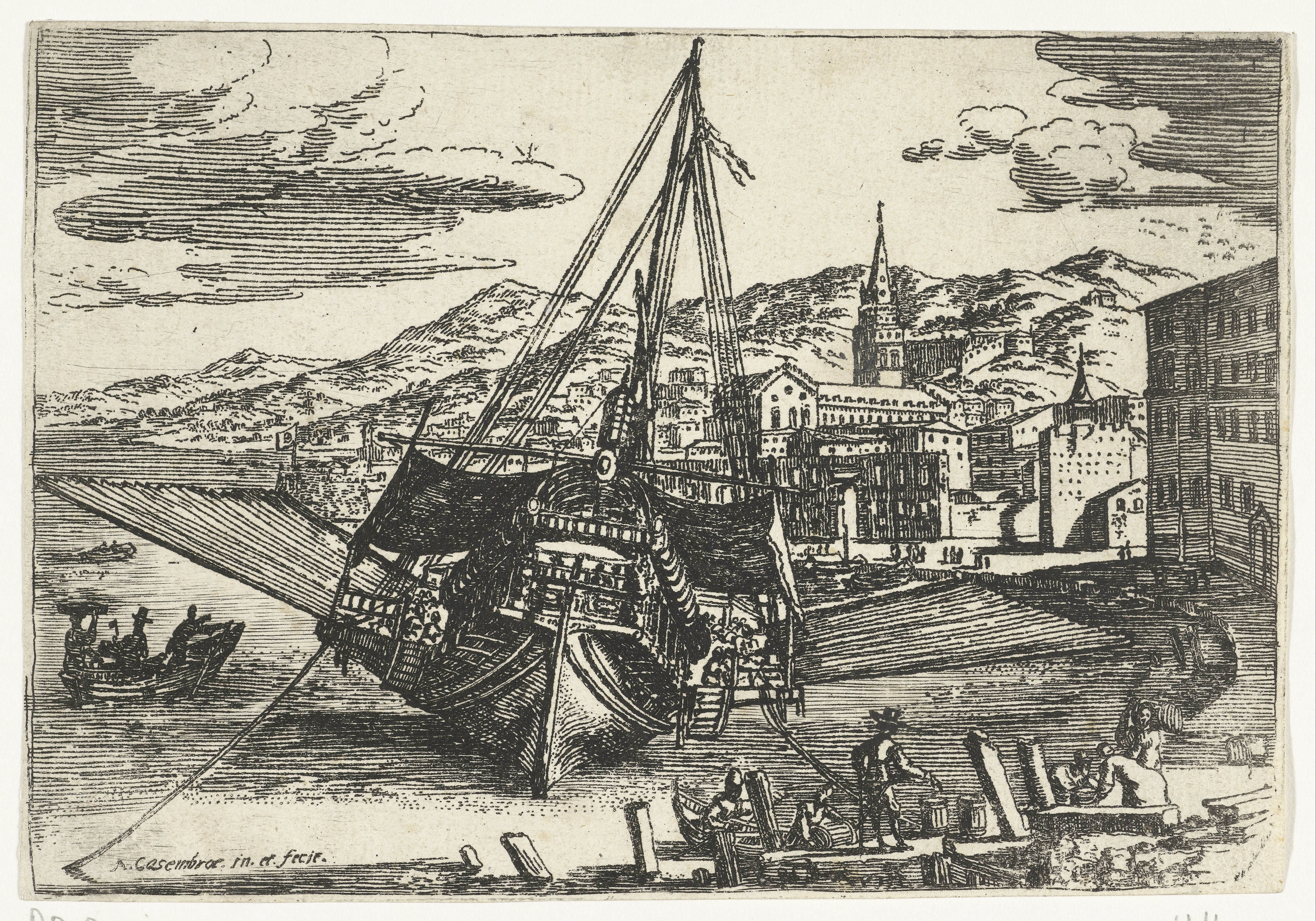Galei voor anker aan de kade van de haven van Messina