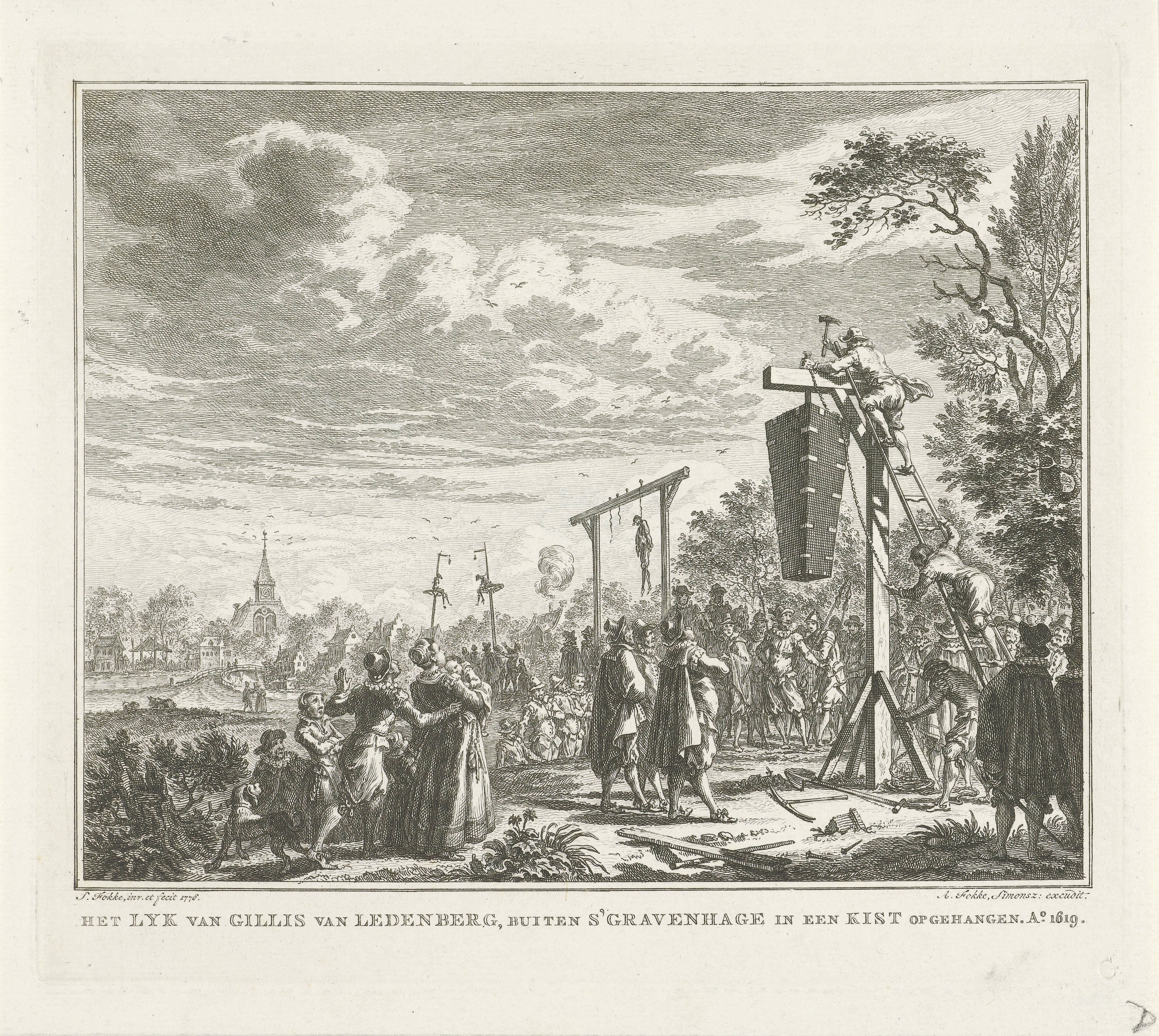 Het lijk van Gillis van Ledenberg in een kist opgehangen, 1619