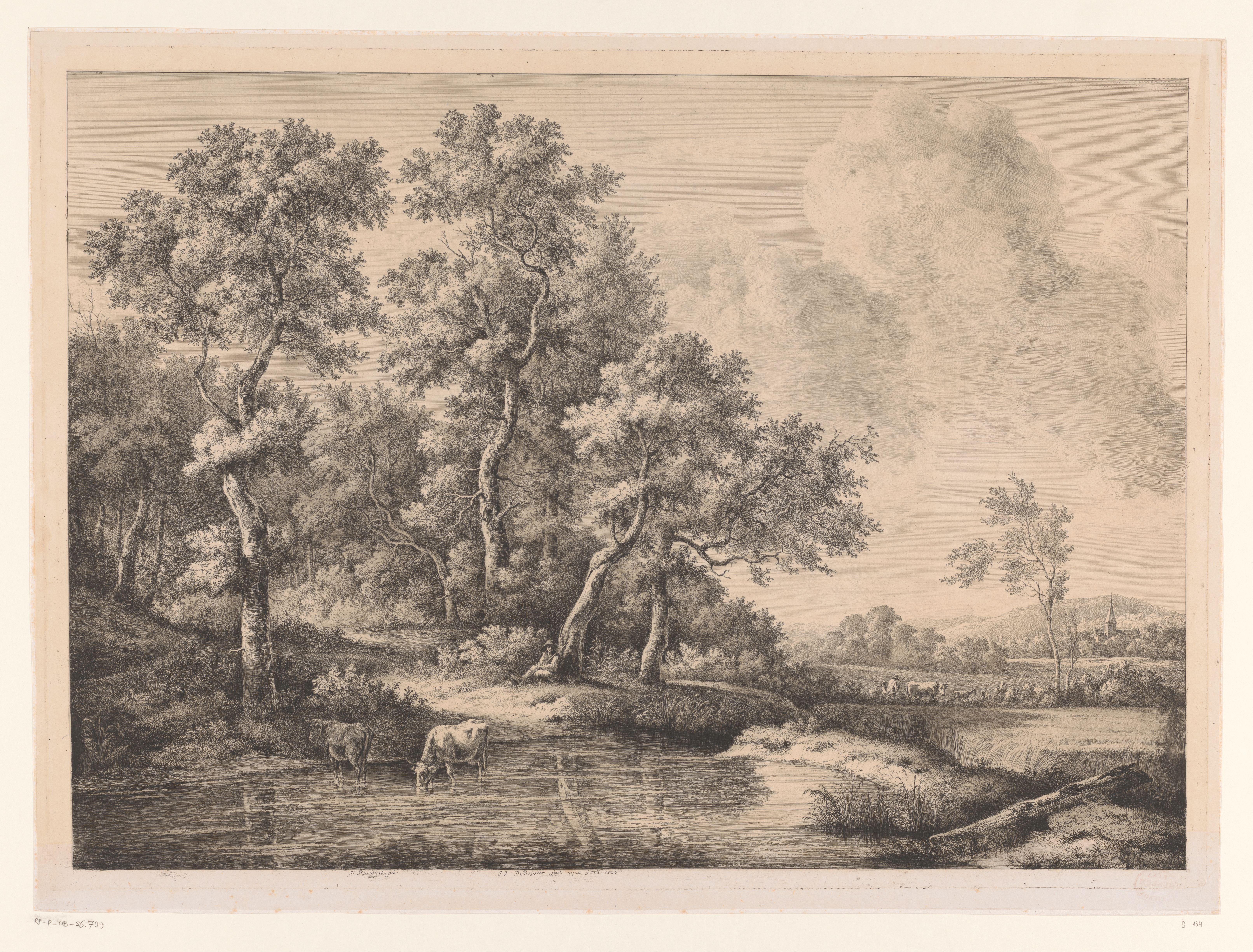 Landschap met een herder bij een boom en twee koeien in een poel