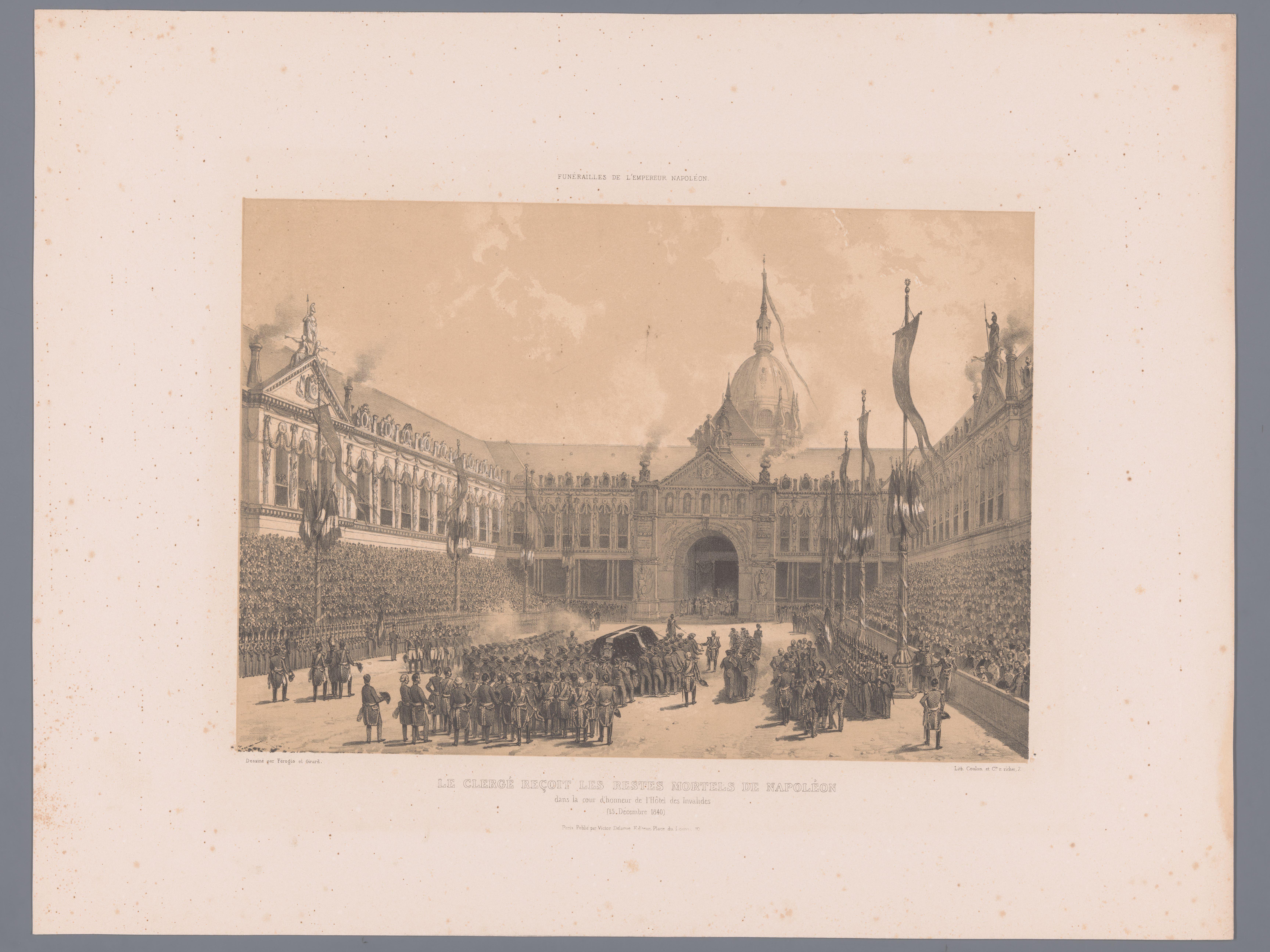 Geestelijken ontvangen het stoffelijk overschot van Napoleon op de Cour d'Honneur van het Hôtel des Invalides