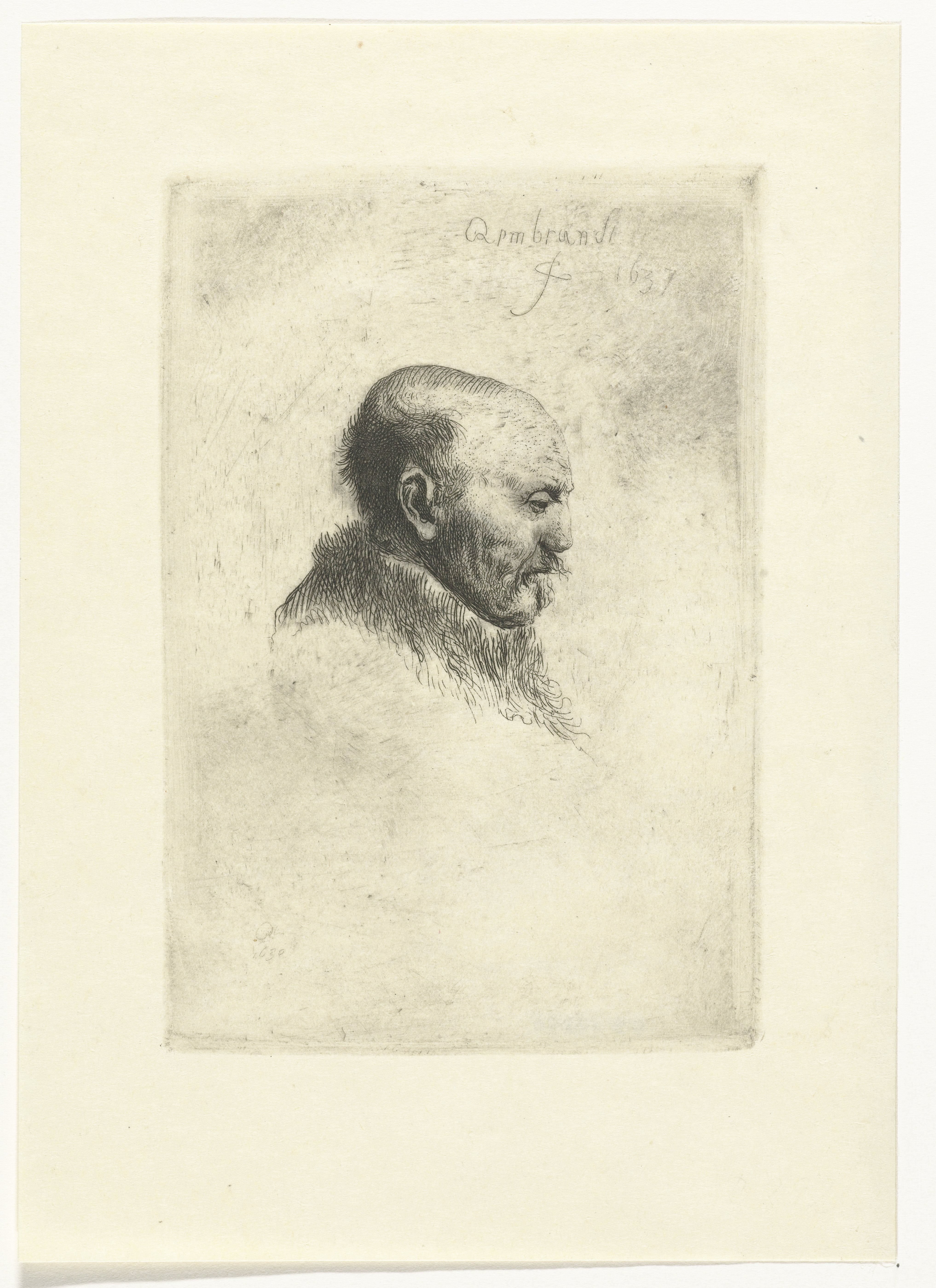 Bald headed man in profile right: the artist's father (?)