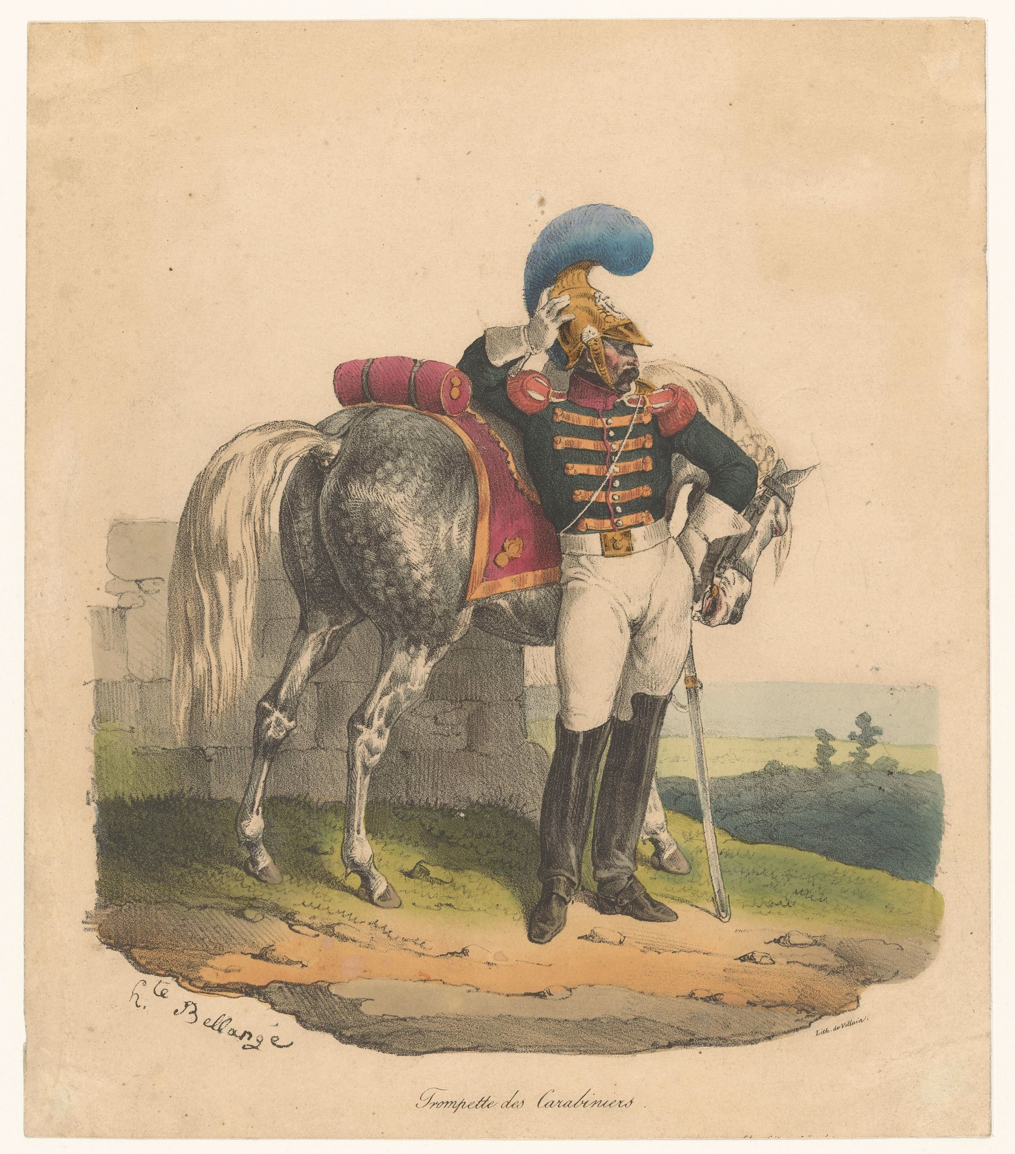 Trompetter van de karabiniers met paard