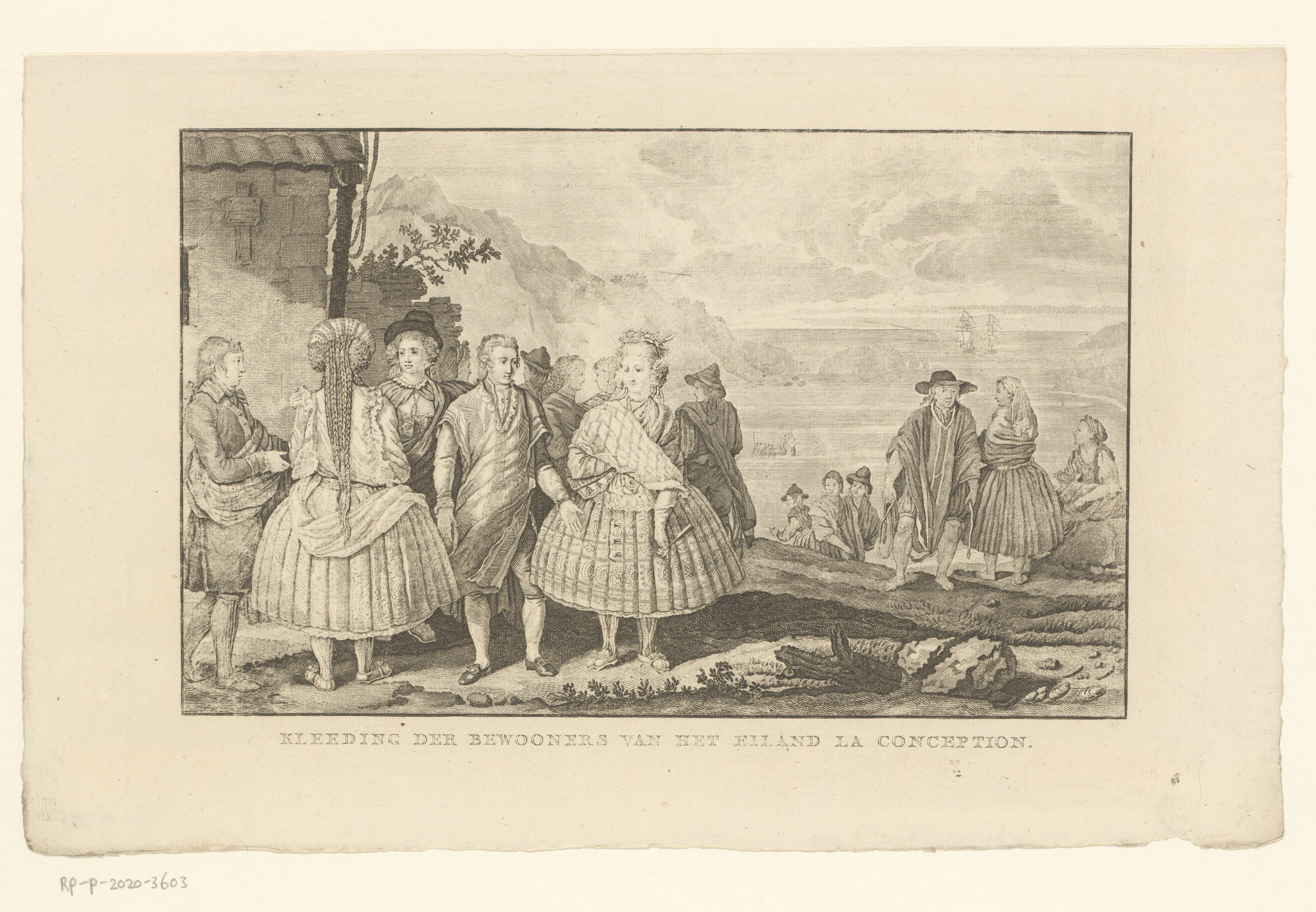 Figuren in klederdracht op het eiland La Conception bij Chili, mogelijk tegenwoordig het eiland Santa Maria
