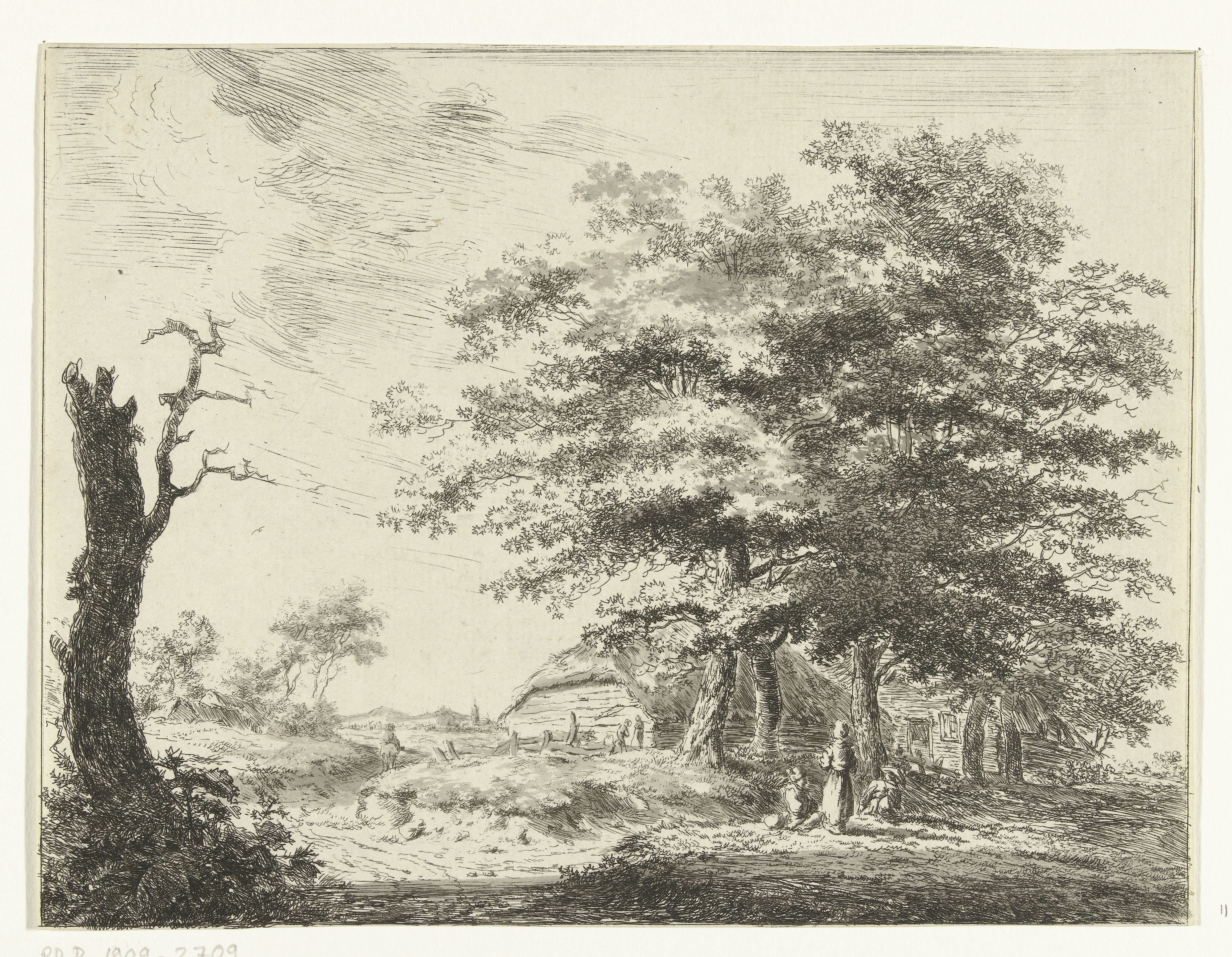 Landschap met boerderij en figuren onder bomen