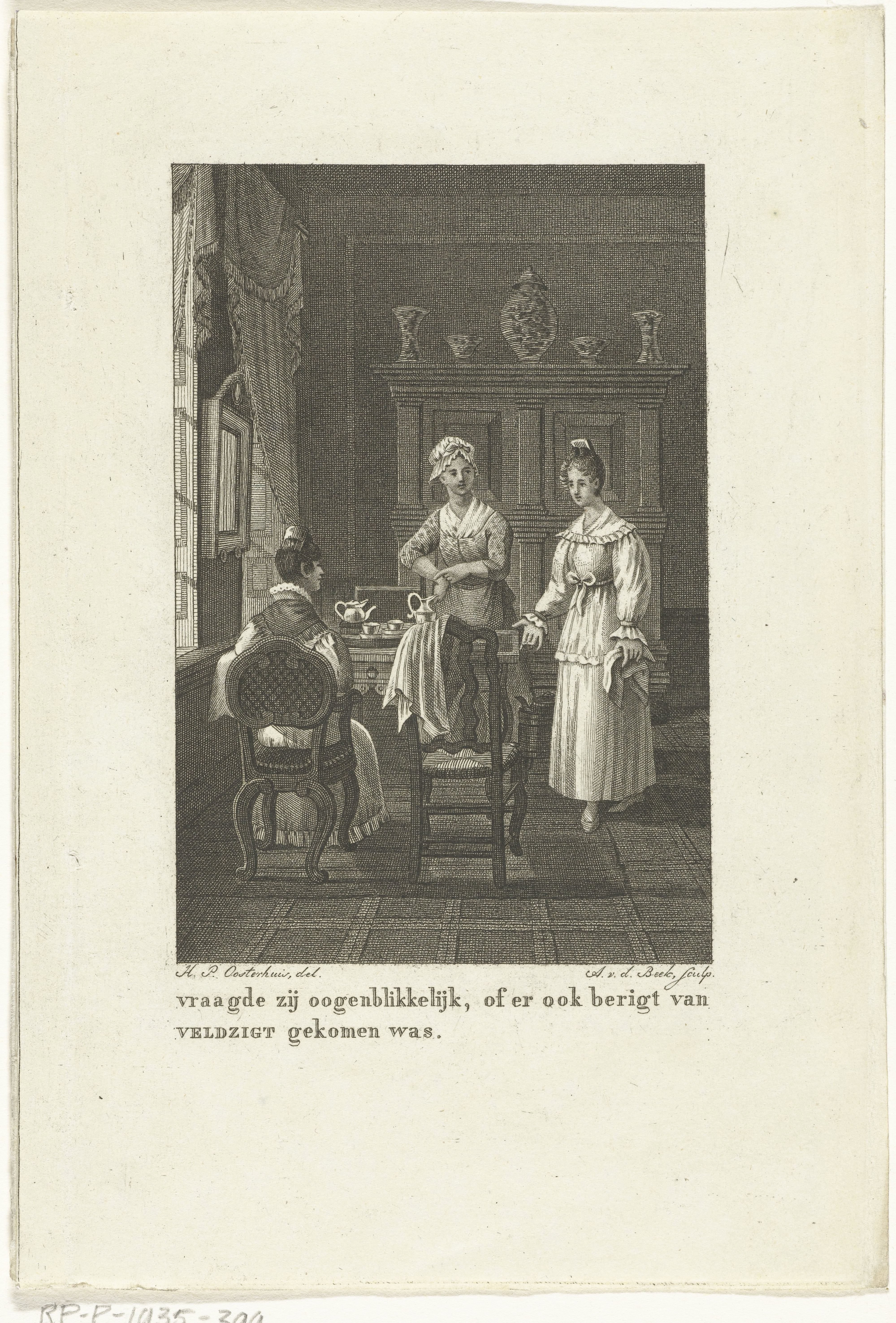 Interieur met drie dames bij tafel
