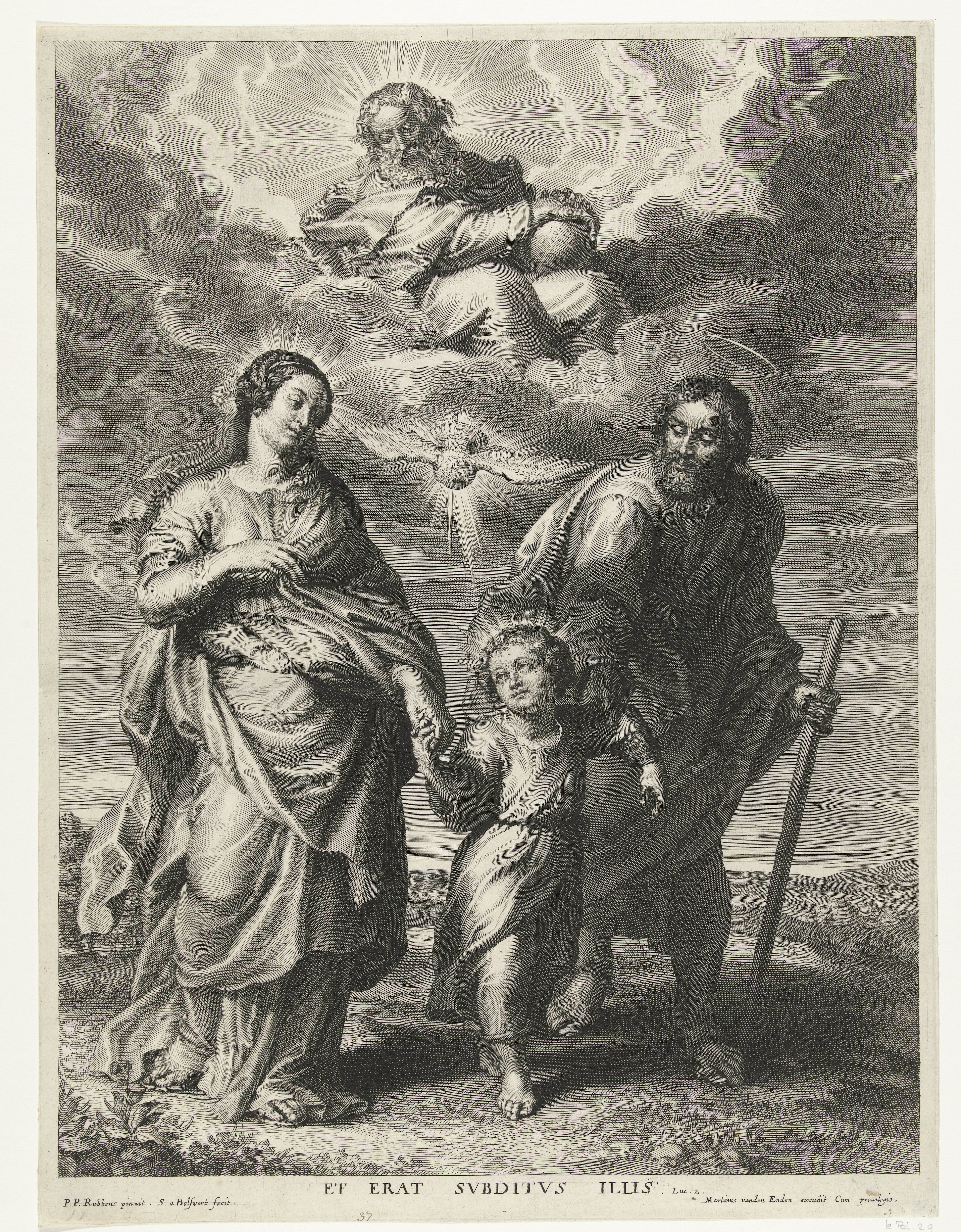 Christuskind loopt tussen Maria en Jozef met God en Heilige Geest