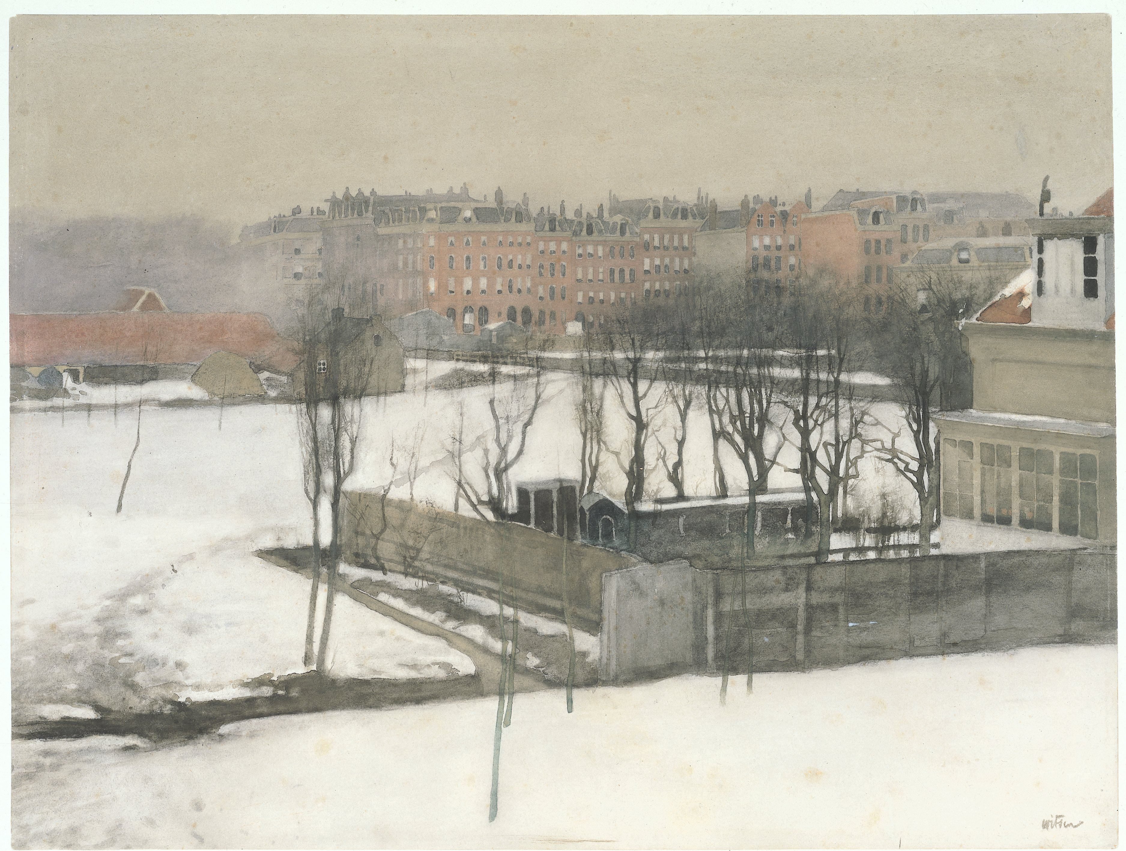 Gezicht op het Oosterpark in de sneeuw