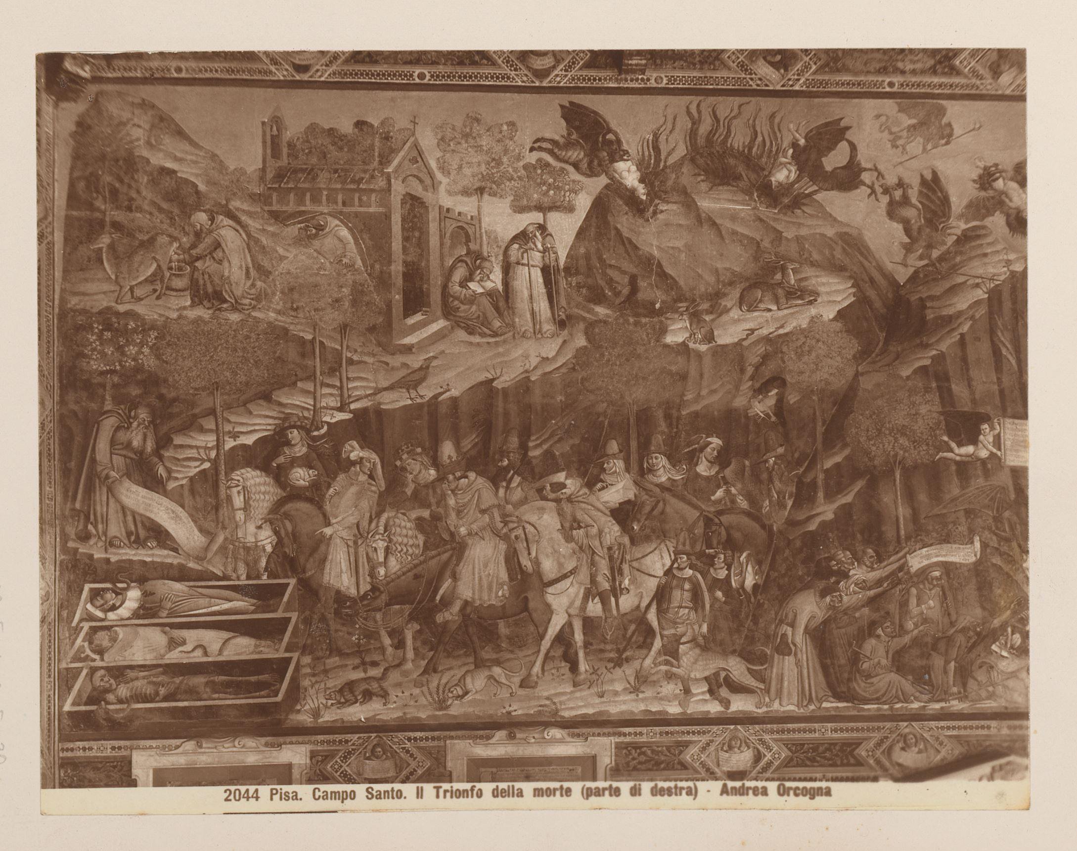 Fotoreproductie van het fresco De triomf der doden naar Andrea di Cione, genaamd Orcagna, in het Camposanto te Pisa, Italië