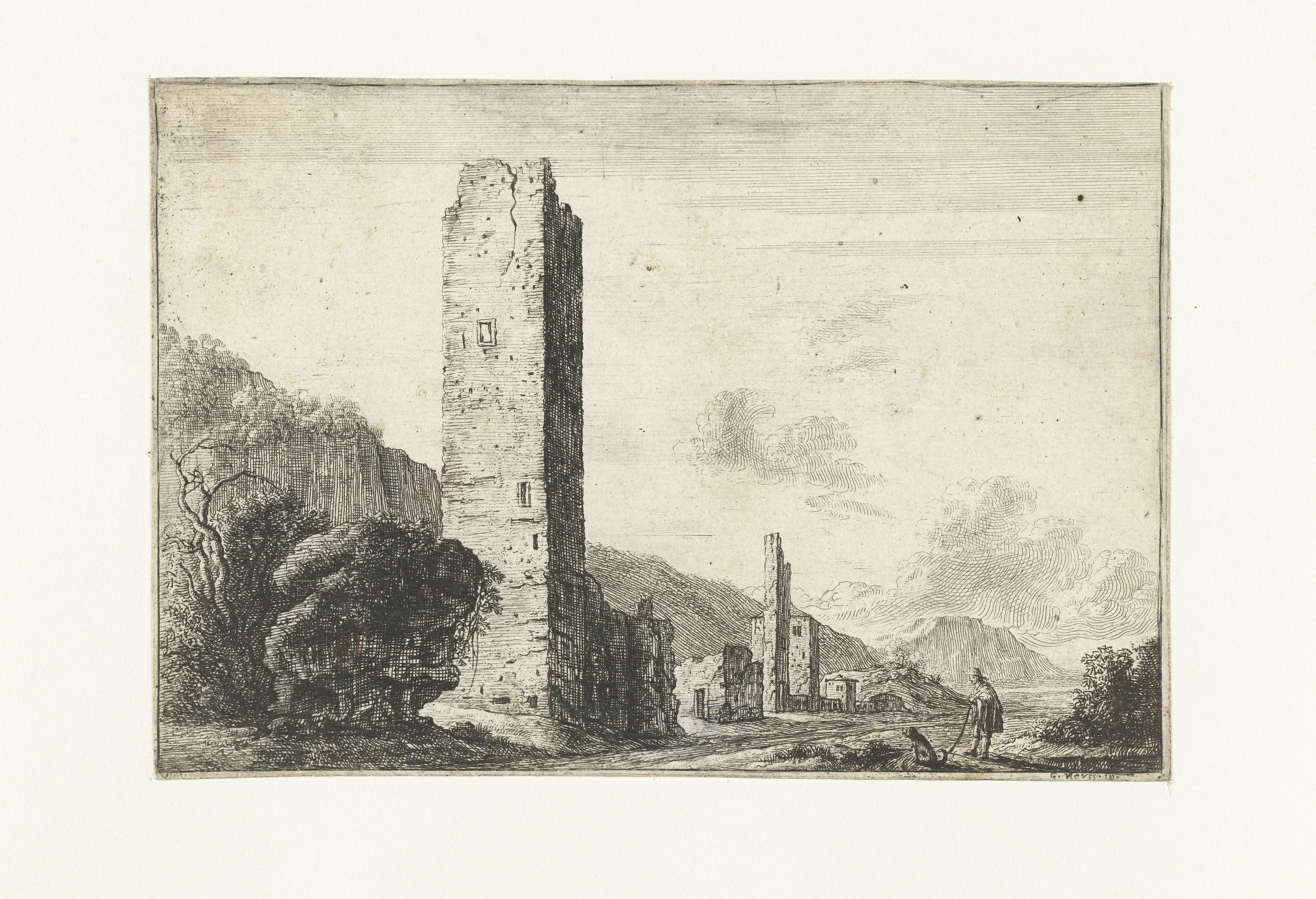 Landschap met vierkante toren