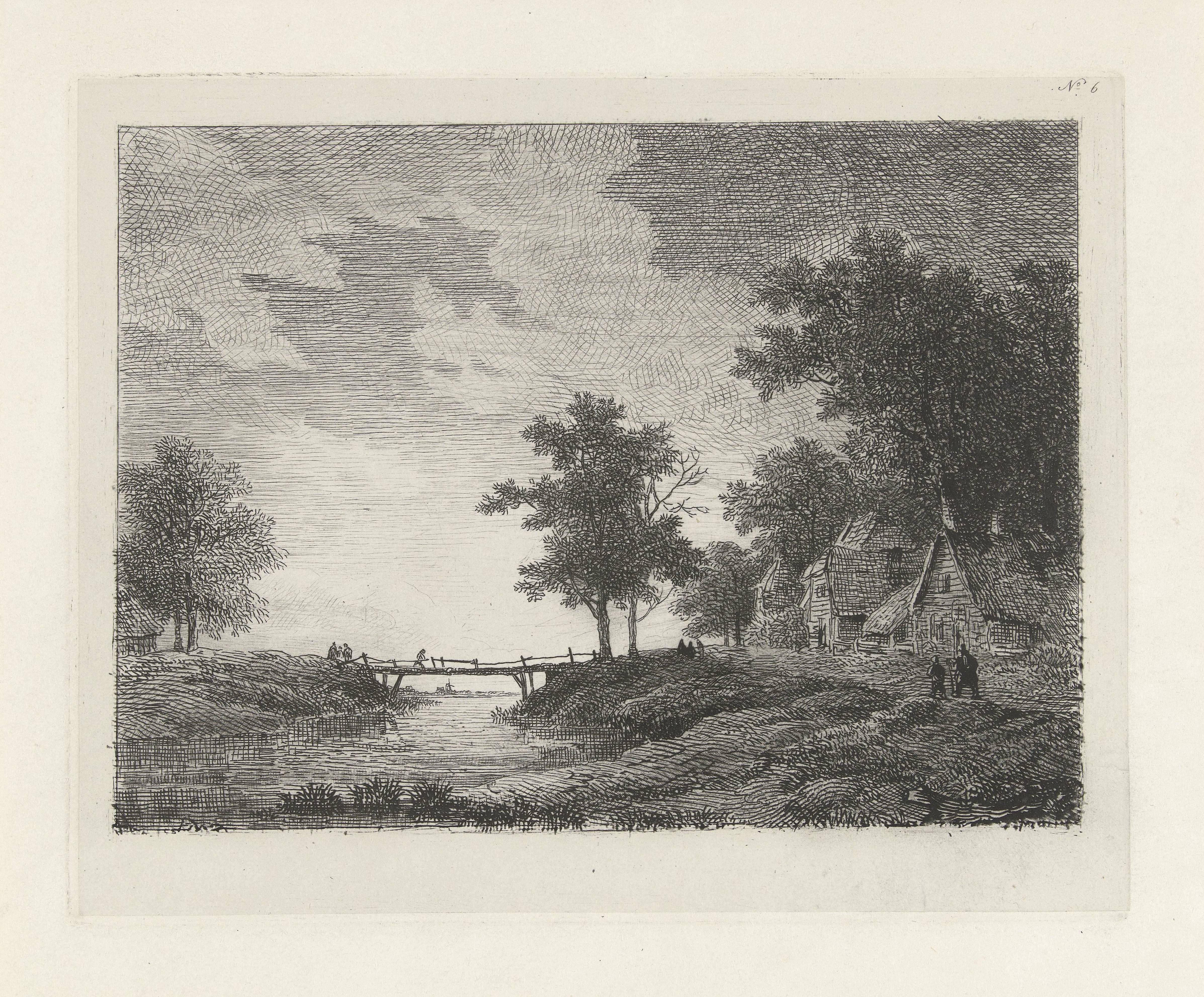 Landschap met figuren bij een brug