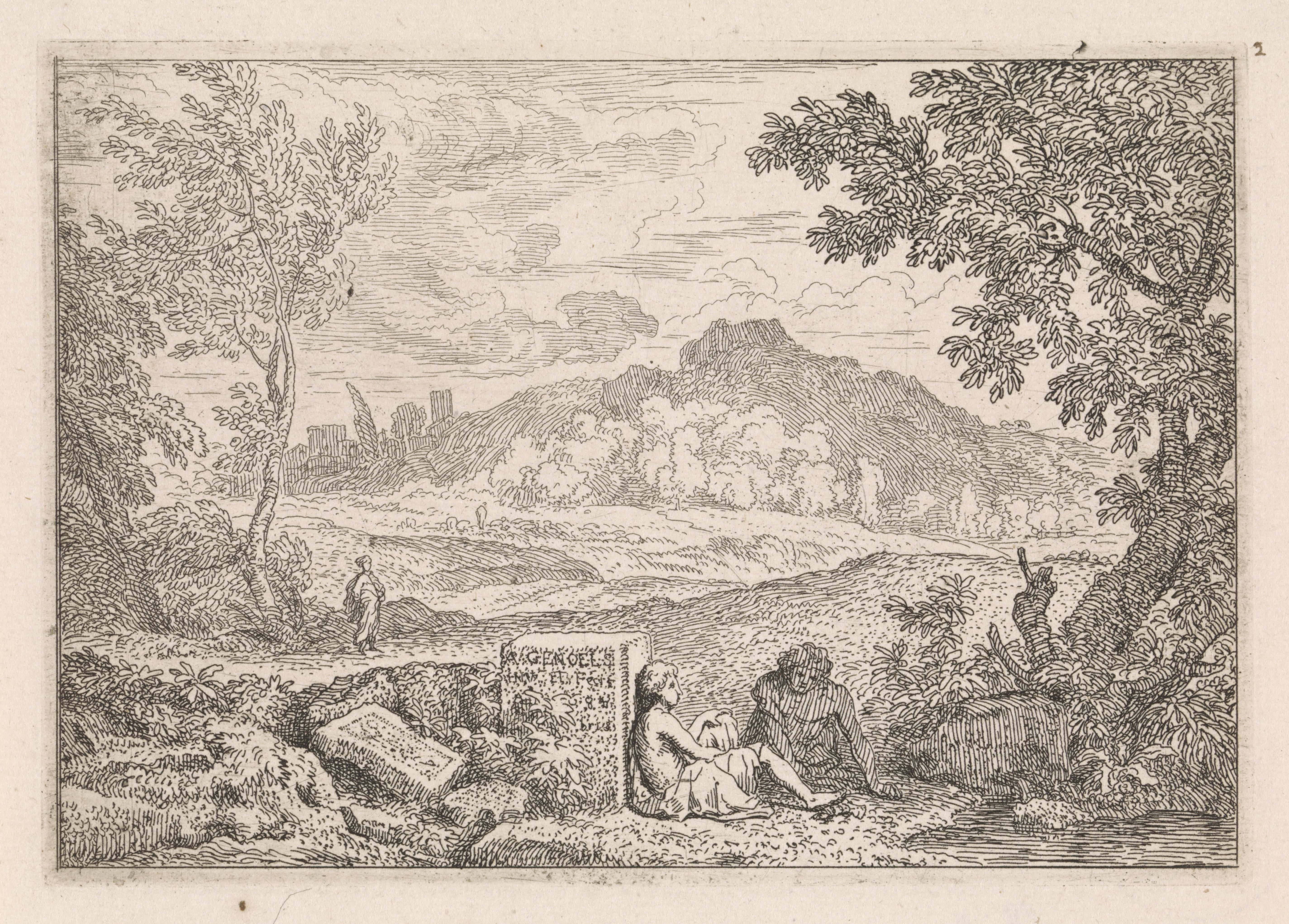 Arcadisch landschap met rustende wandelaars