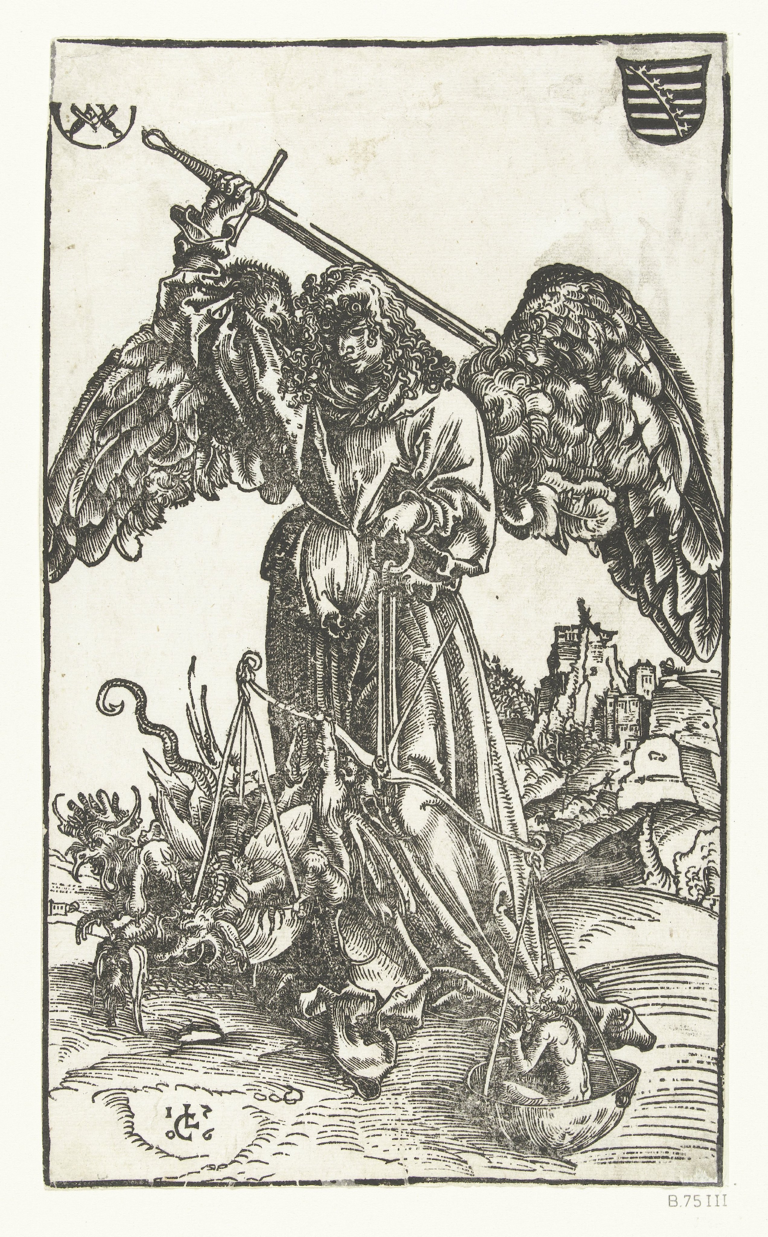 Aartsengel Michaël doodt Satan en weegt een ziel