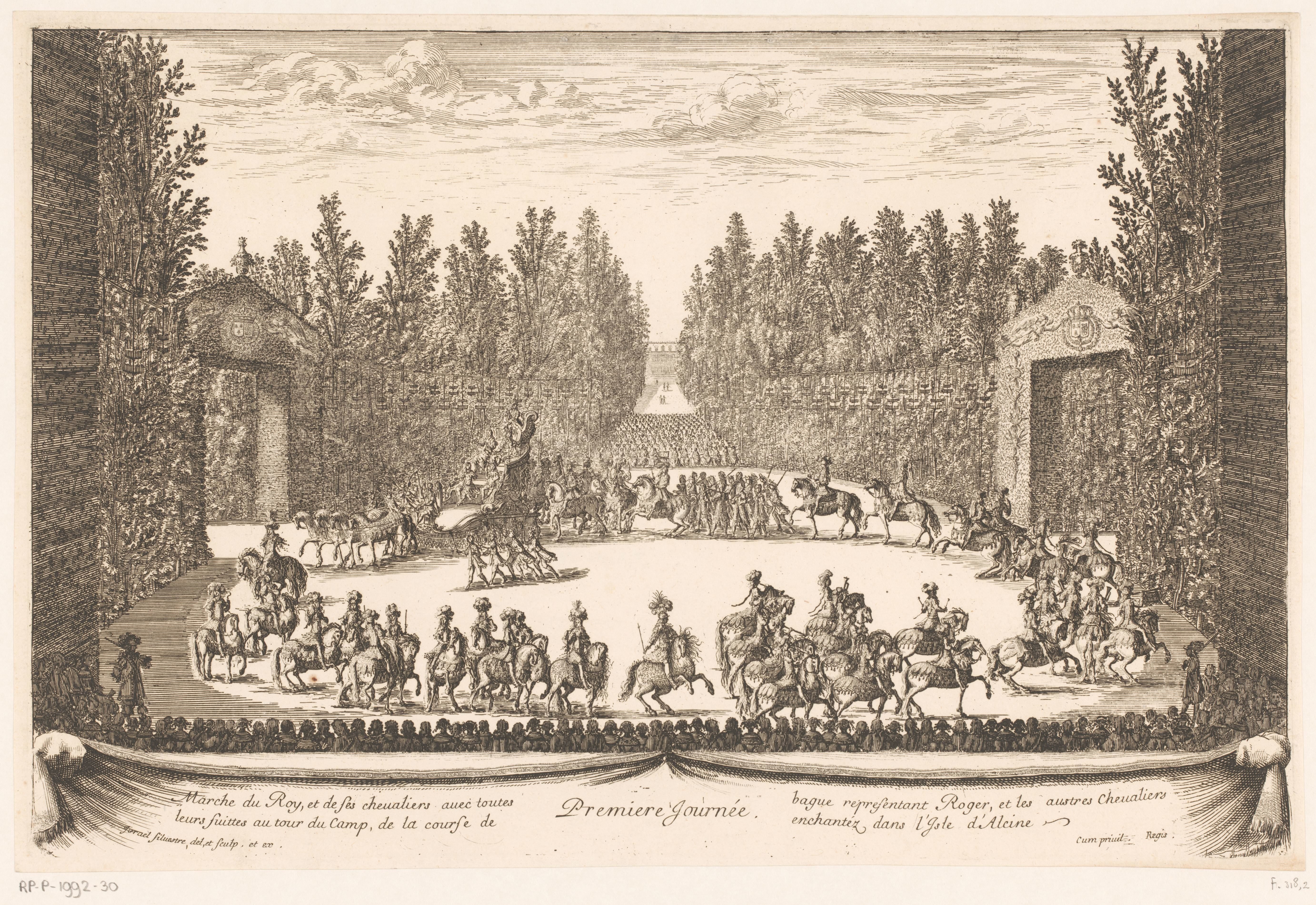 Parade van koning Lodewijk XIV en hoflieden te paard tijdens de feestelijkheden op Versailles