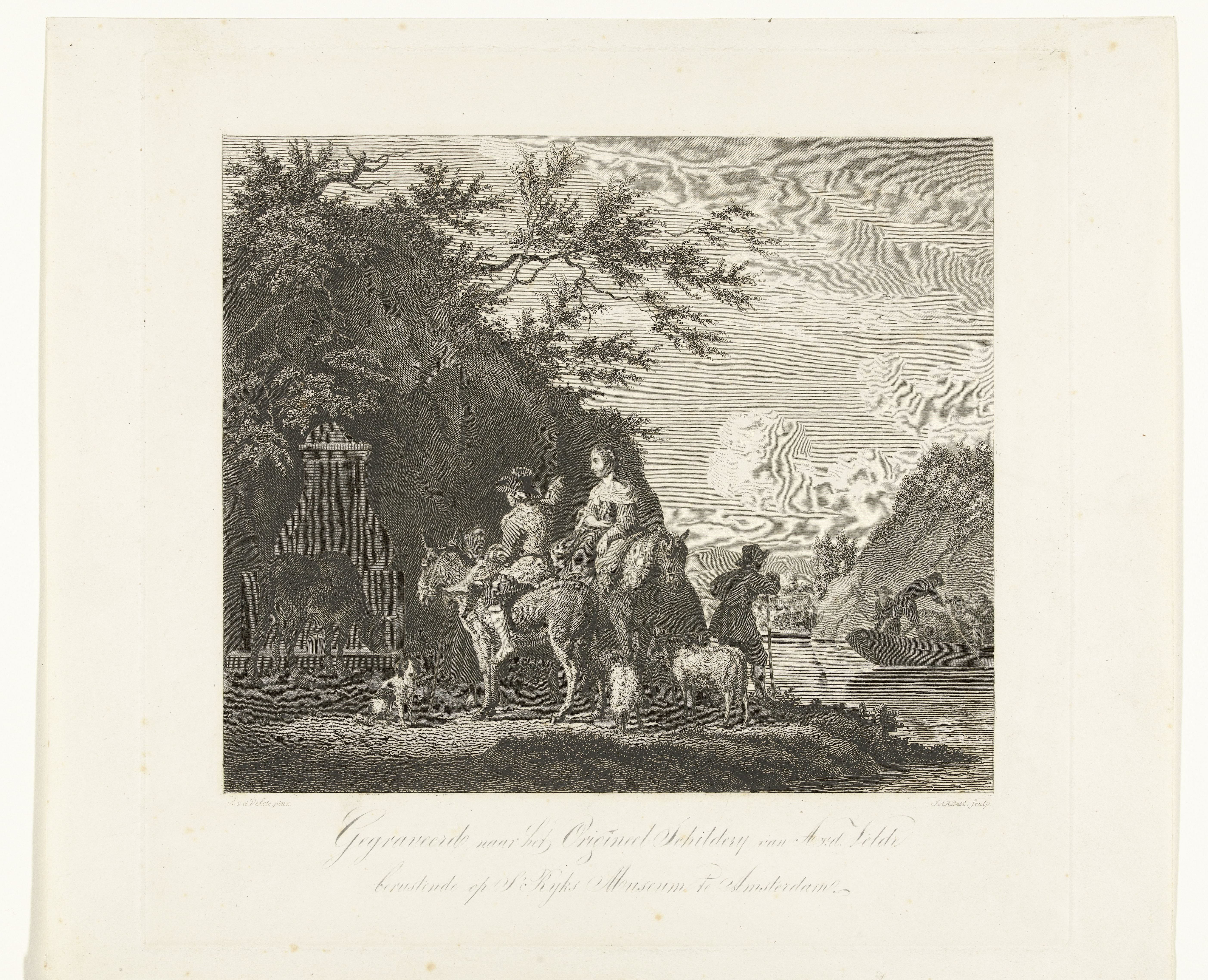 Italianiserend landschap met herders die op veerpont wachten