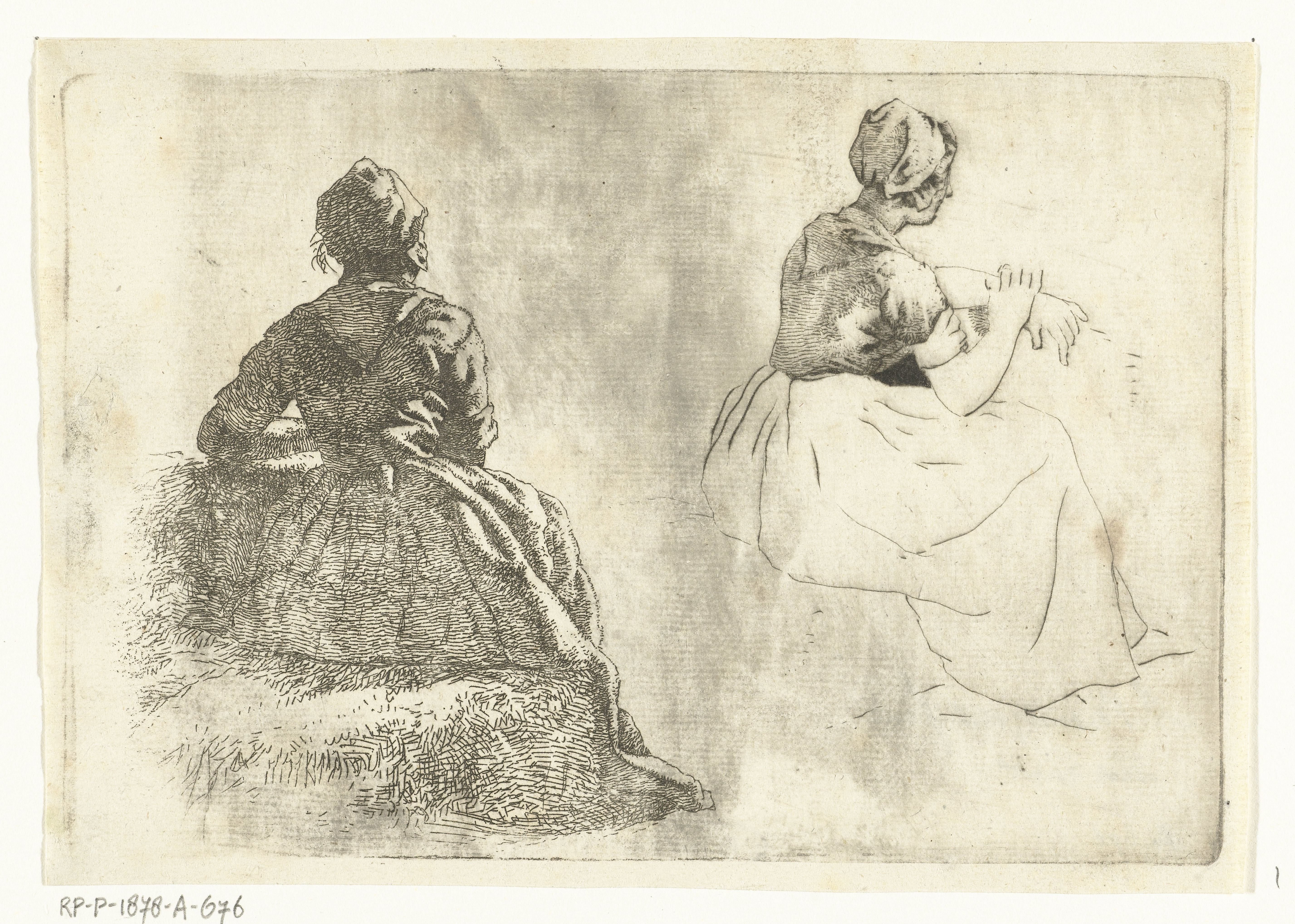 Twee figuurstudies van boerin zittend op hooibaal