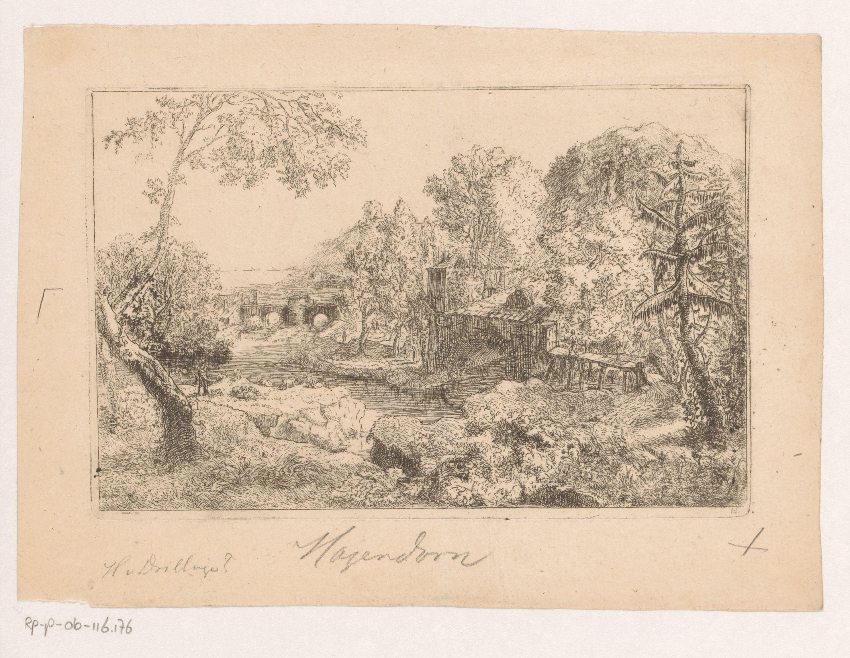 Landschap met een gemaal tussen bomen