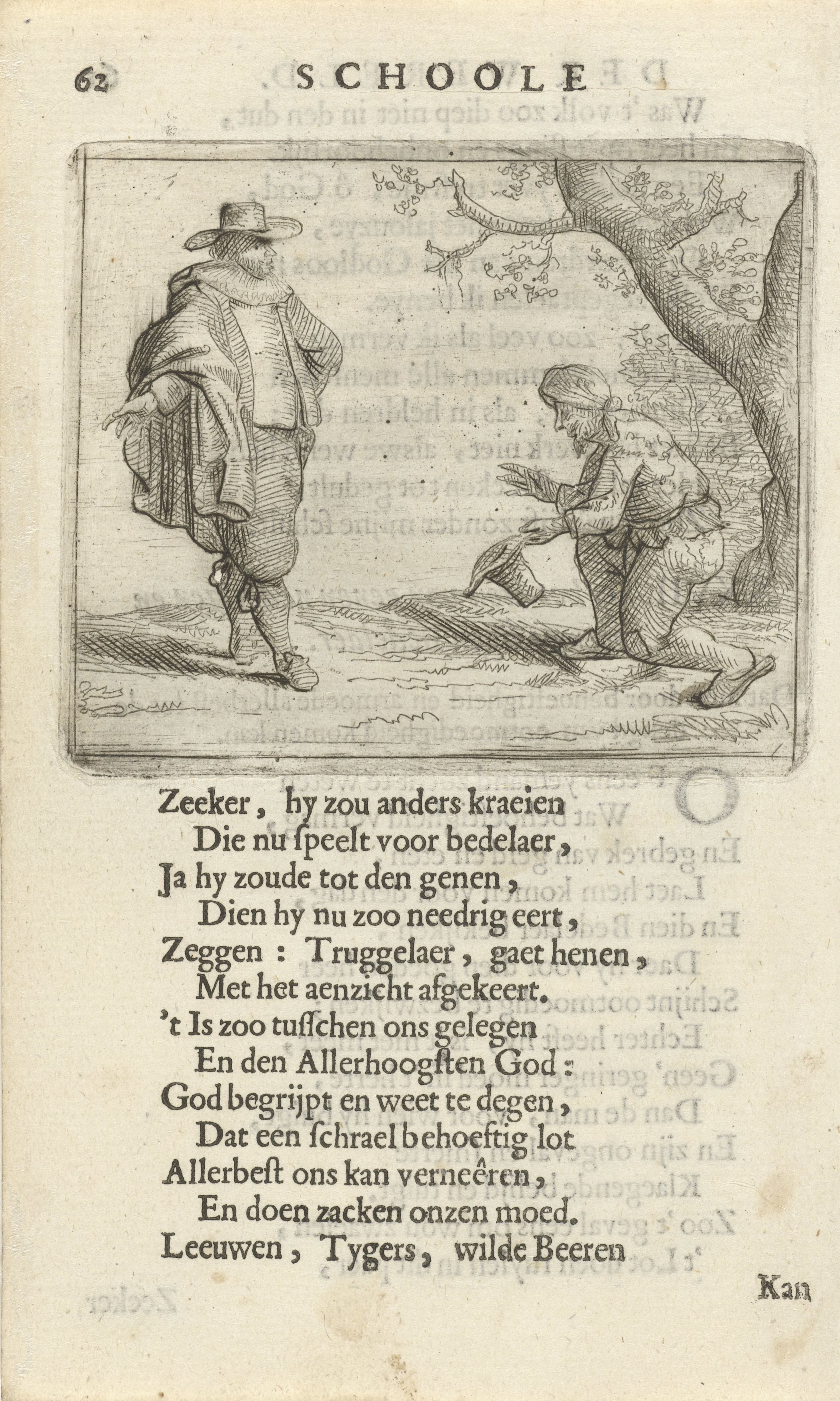 Knielende man voor een rijk geklede figuur