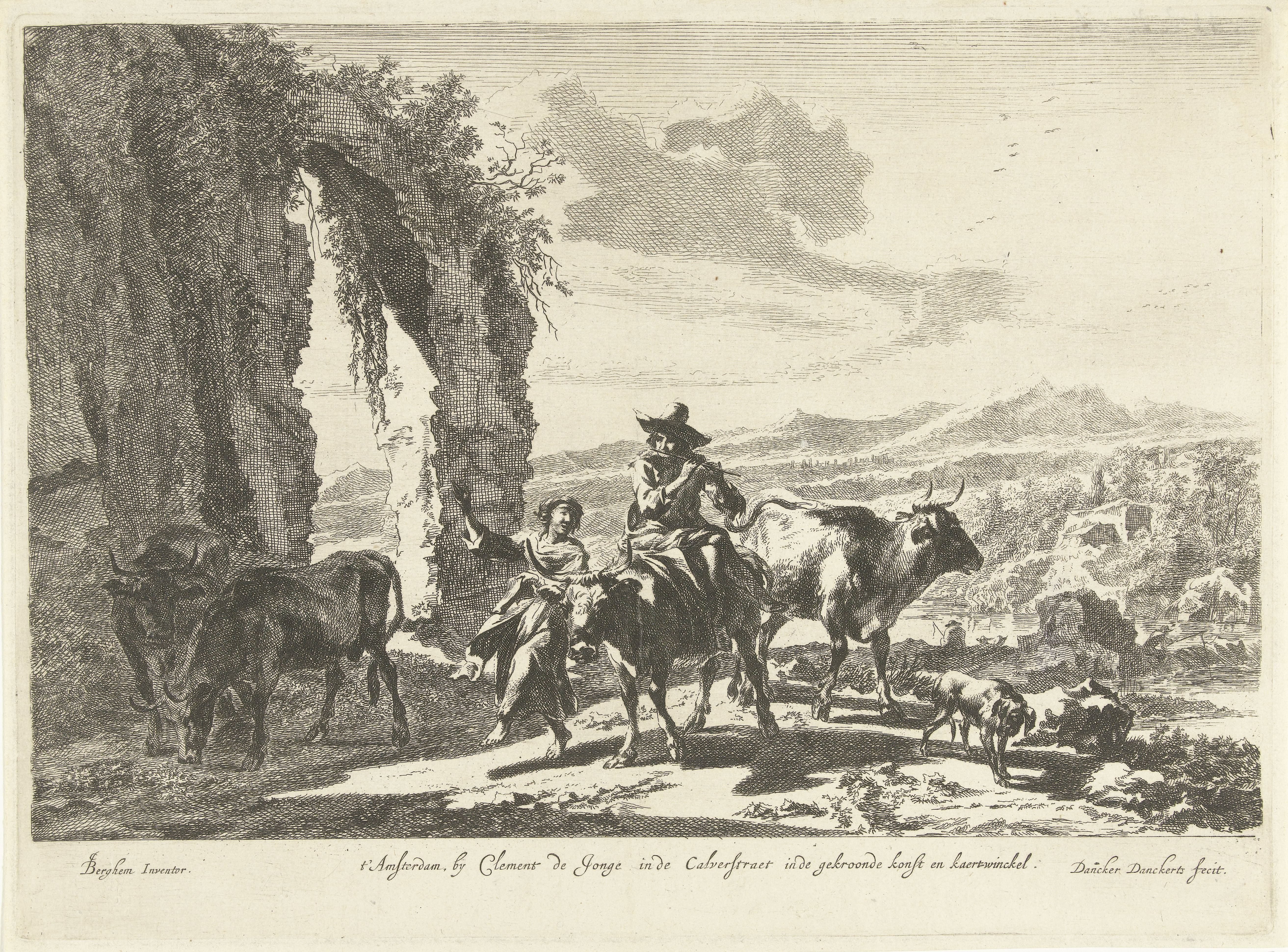 Herders met vee bij ruïne in berglandschap