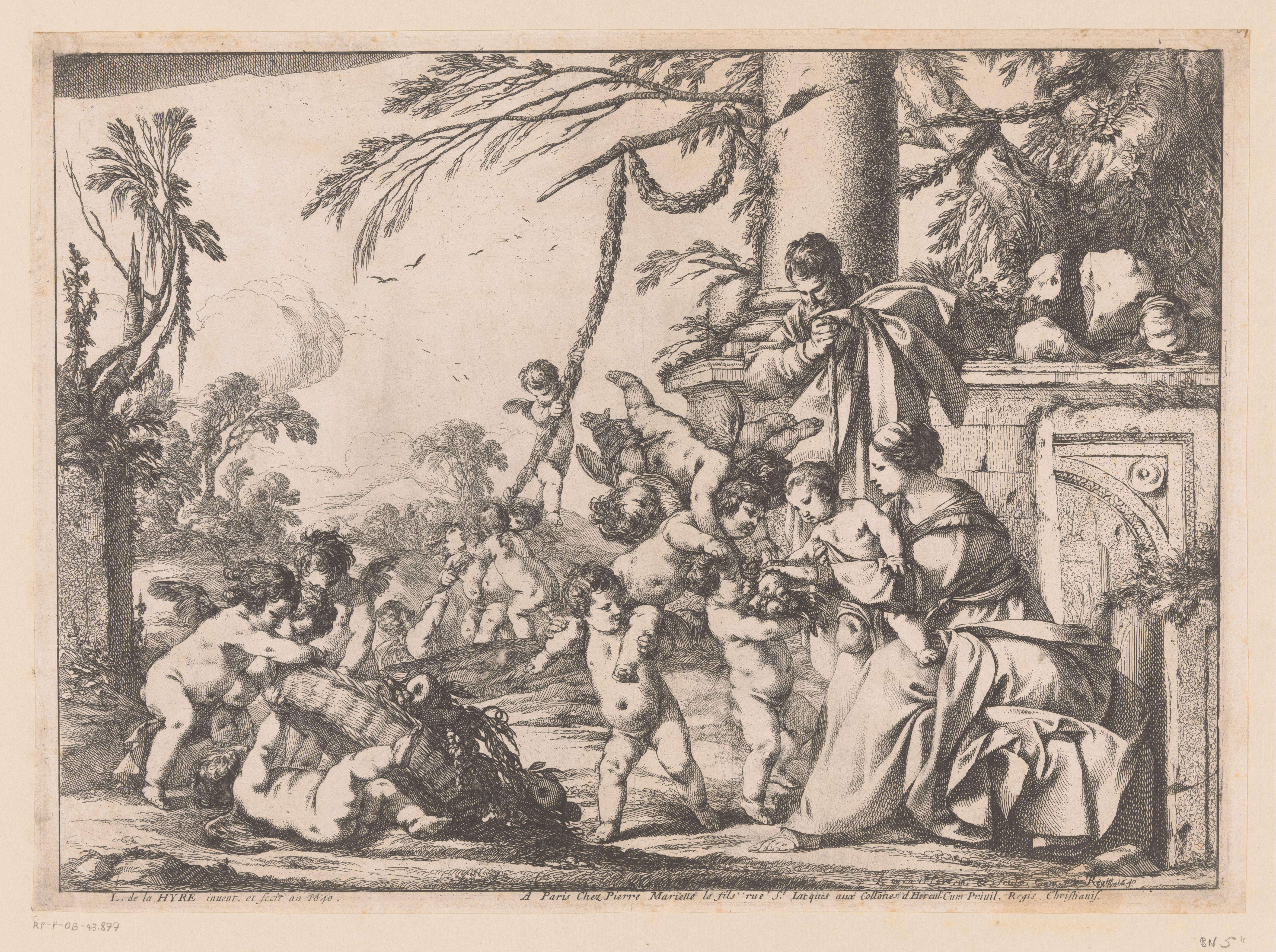 Heilige Familie en putti met fruitmand in een landschap