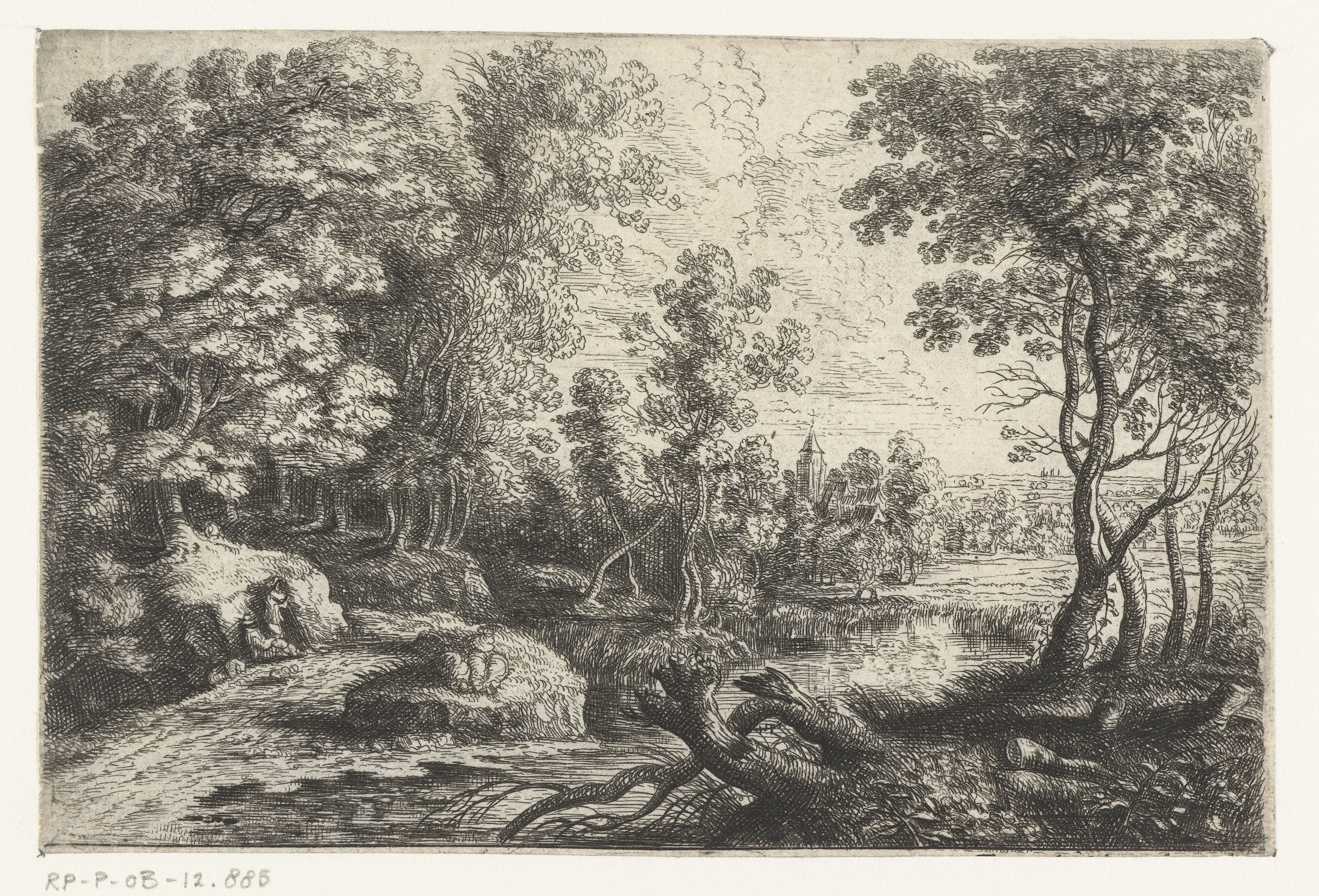 Landschap met een beek en twee mannen rustend onder een boom