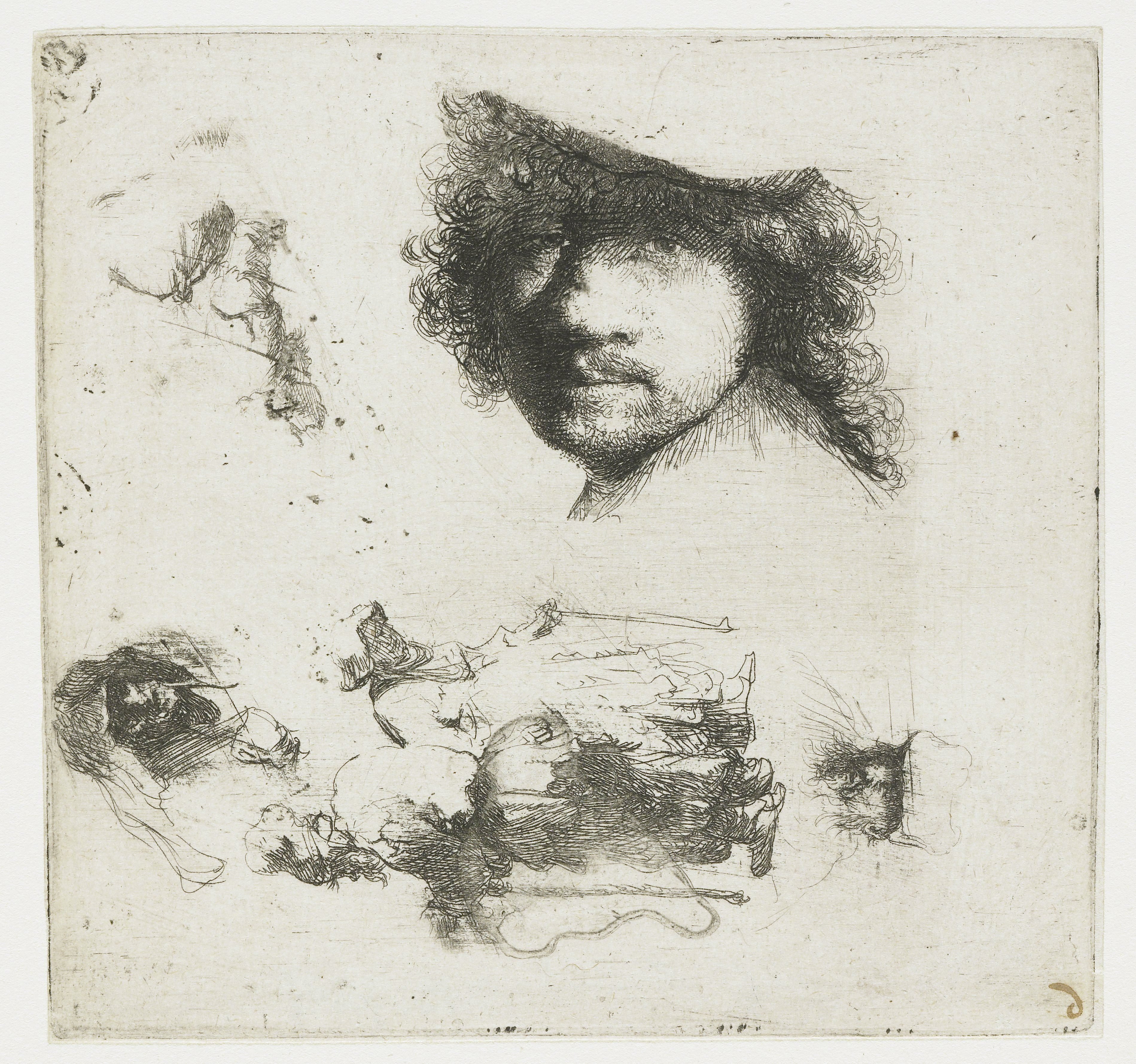 Sheet of studies: head of the artist, a beggar couple, heads of an old man and old woman, etc.