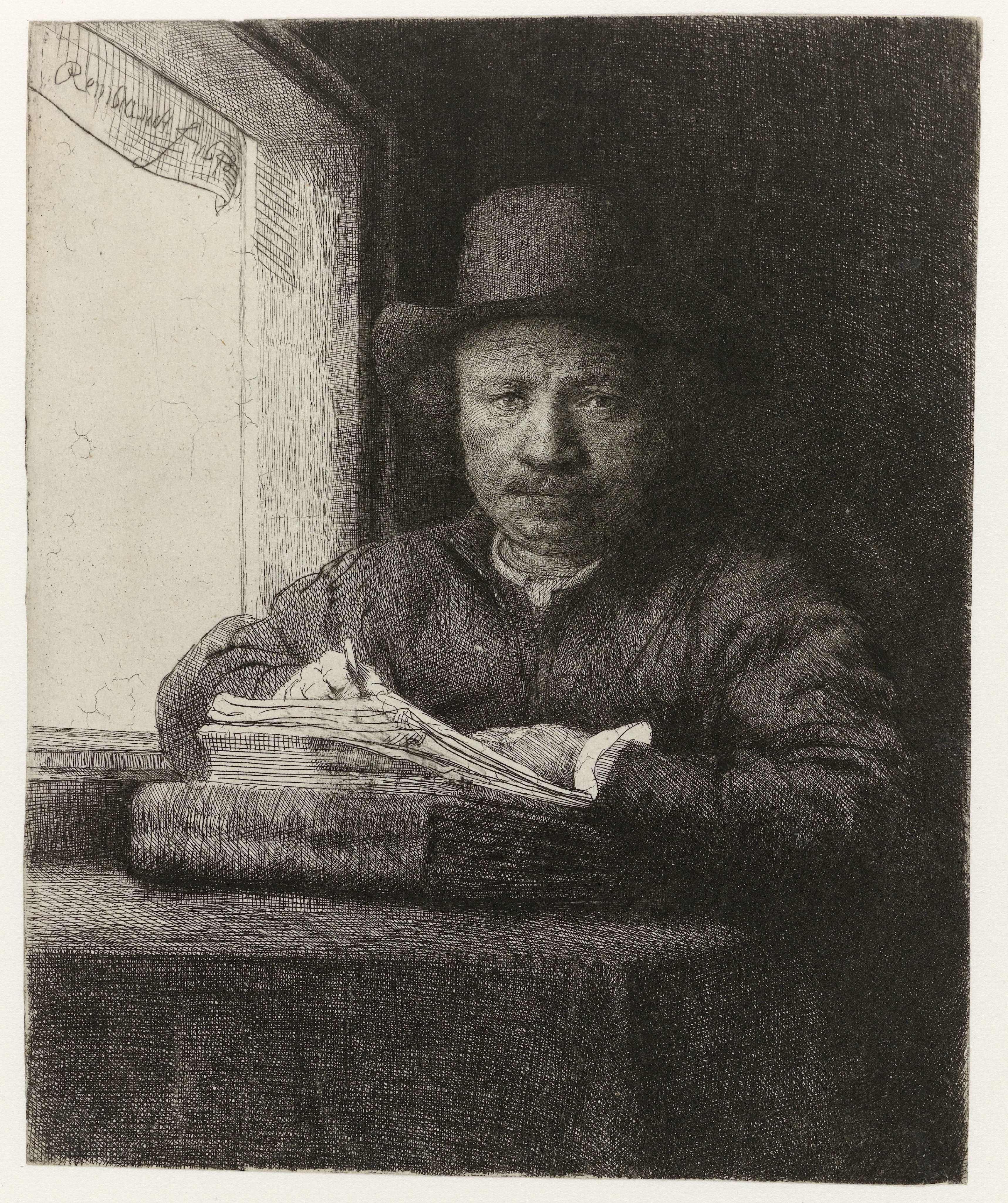 Self-portrait, Etching at a Window