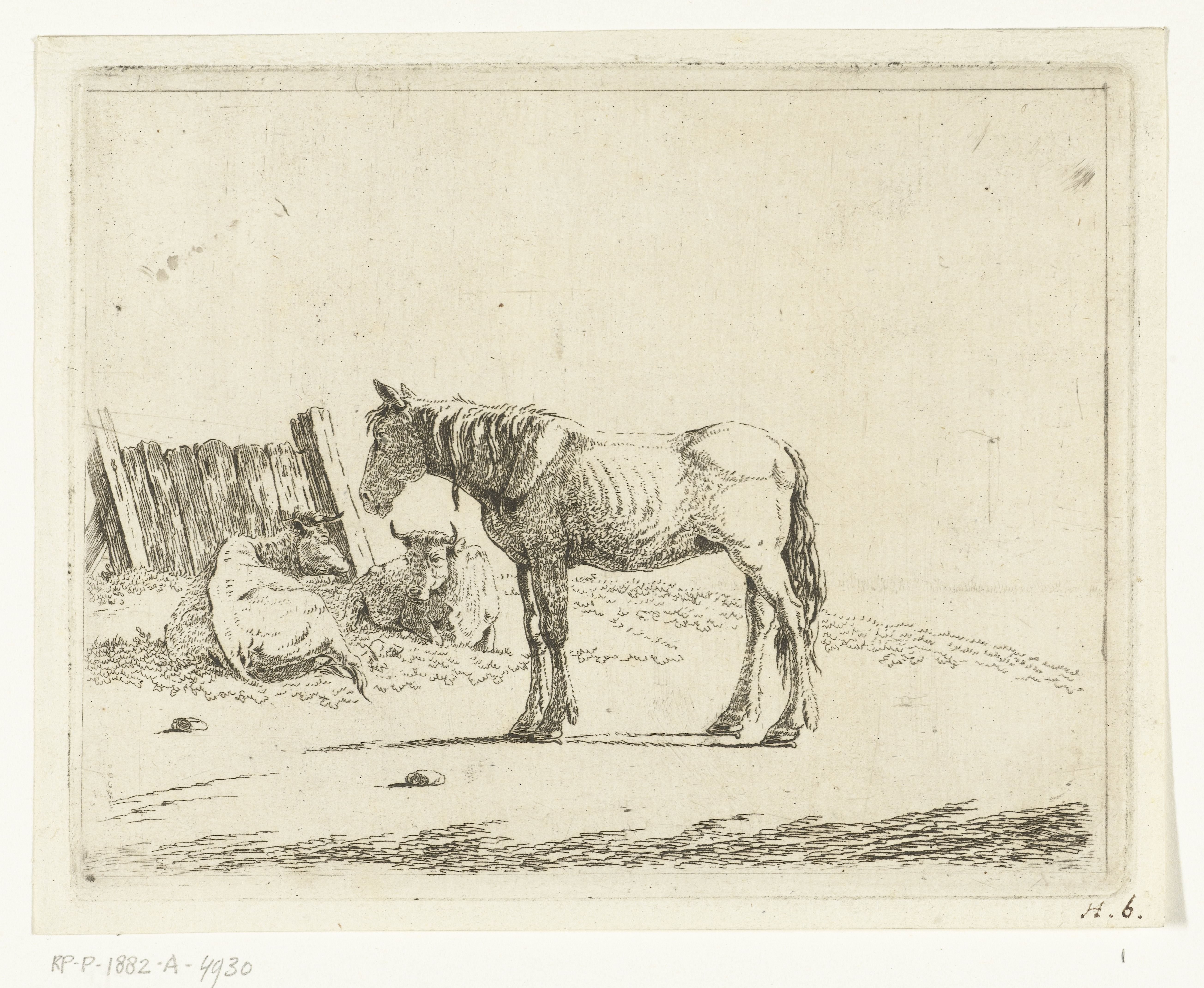 Landschap met paard en twee koeien bij hek
