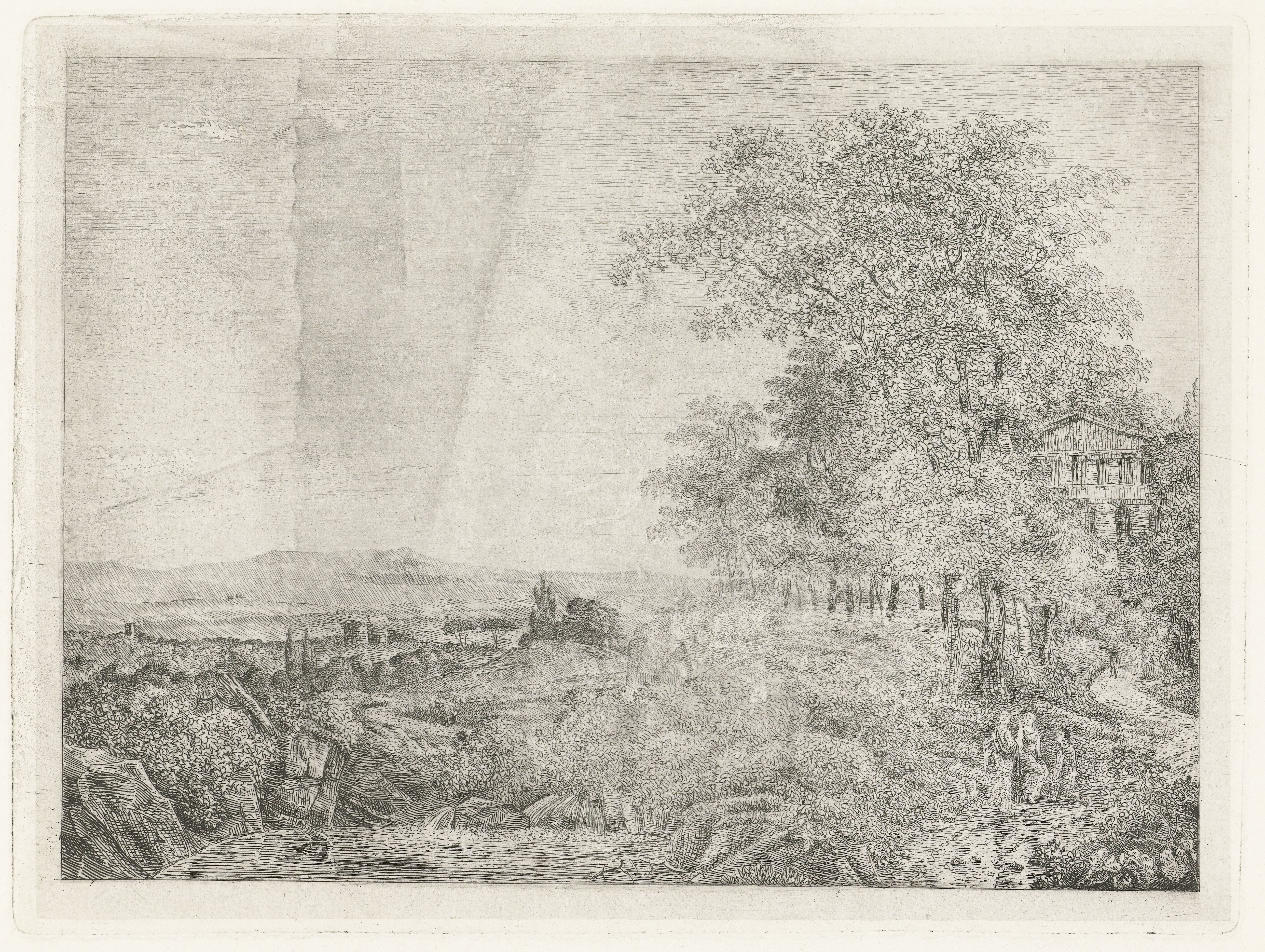 Zuidelijk landschap met tempel en figuren