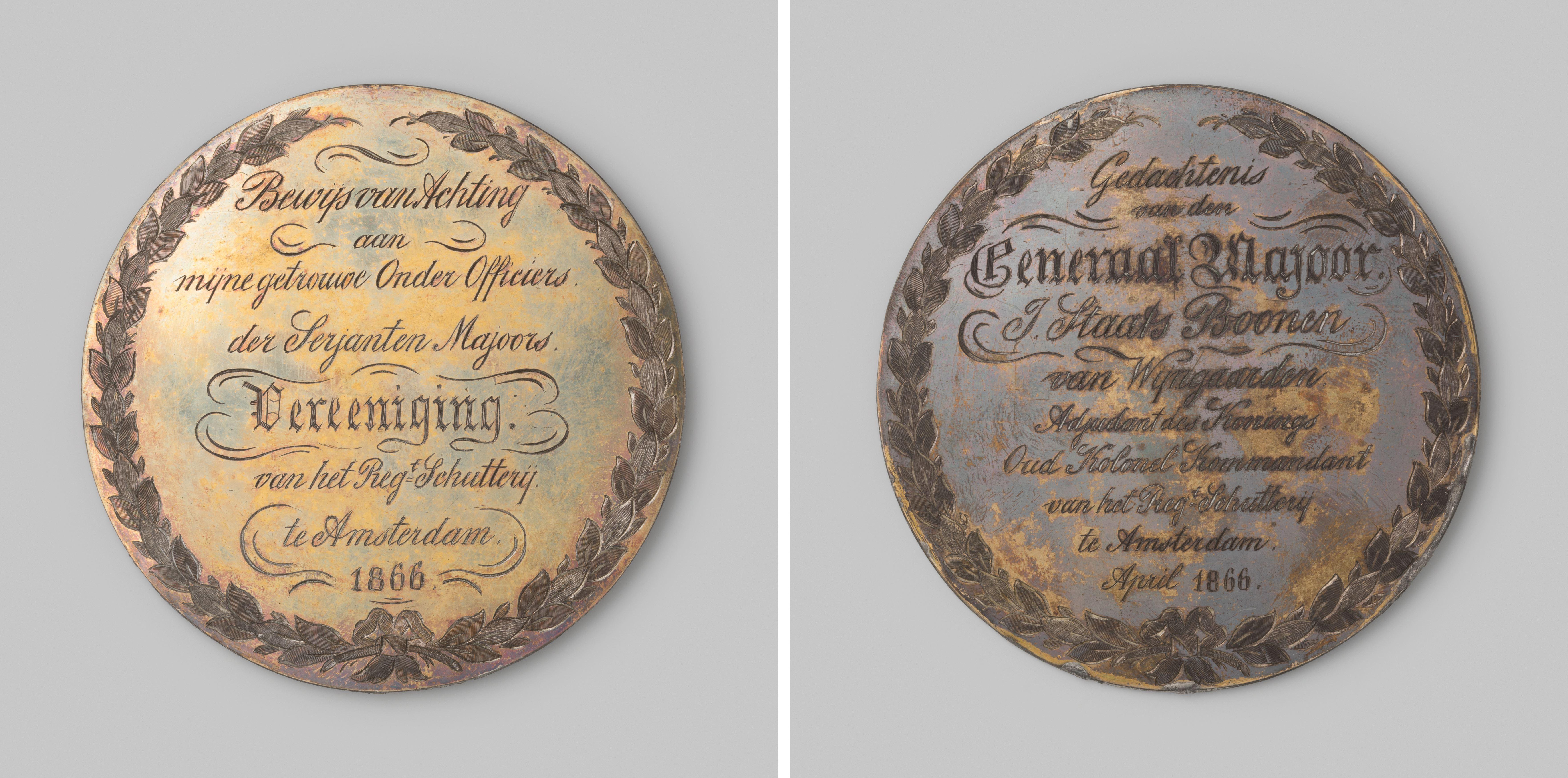 Gedenkpenning door generaal-majoor J. Staats Boonen vereerd aan de Sergeant-majoors Vereeniging van het regiment schutterij te Amsterdam