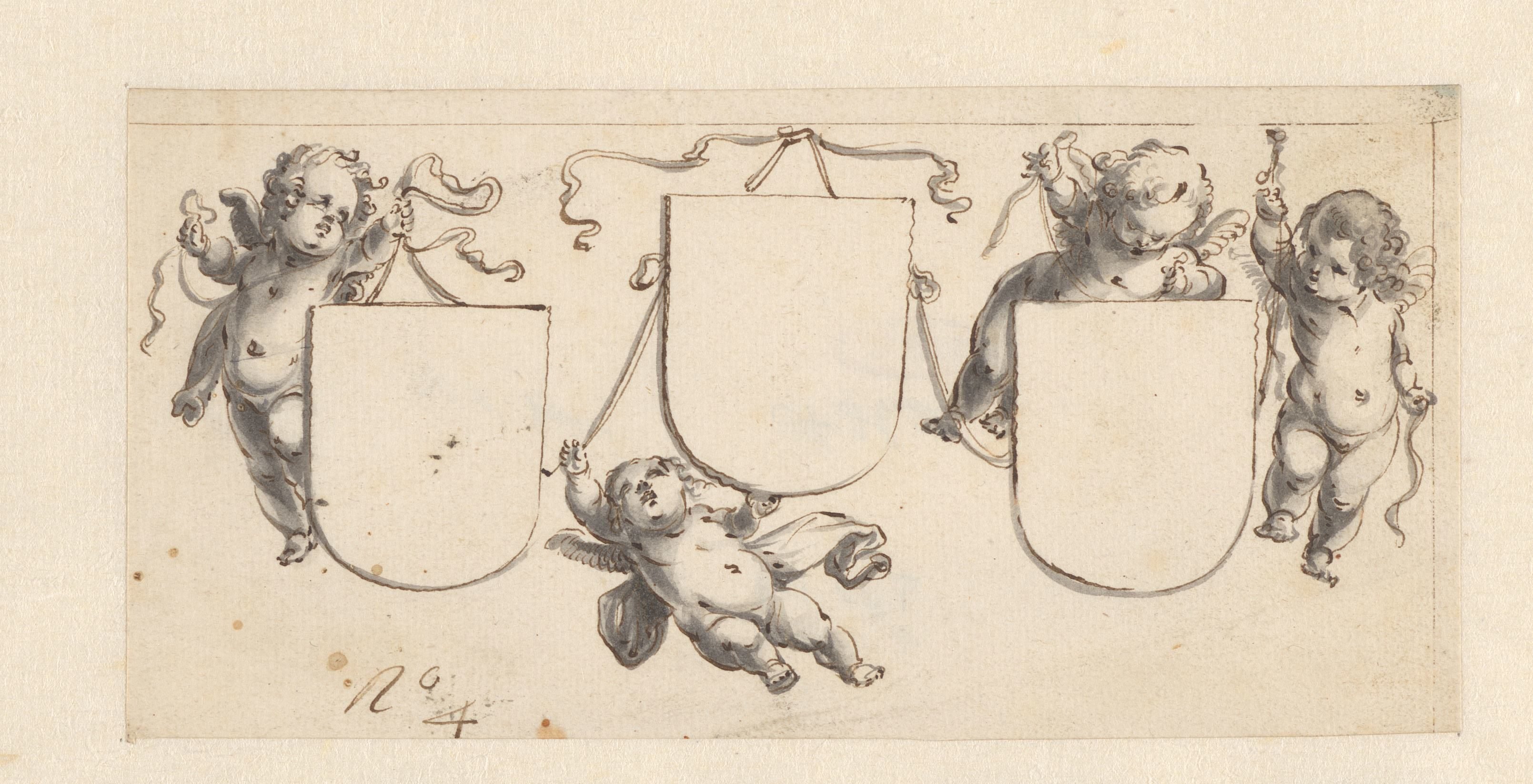 Vier putti met drie wapenschilden