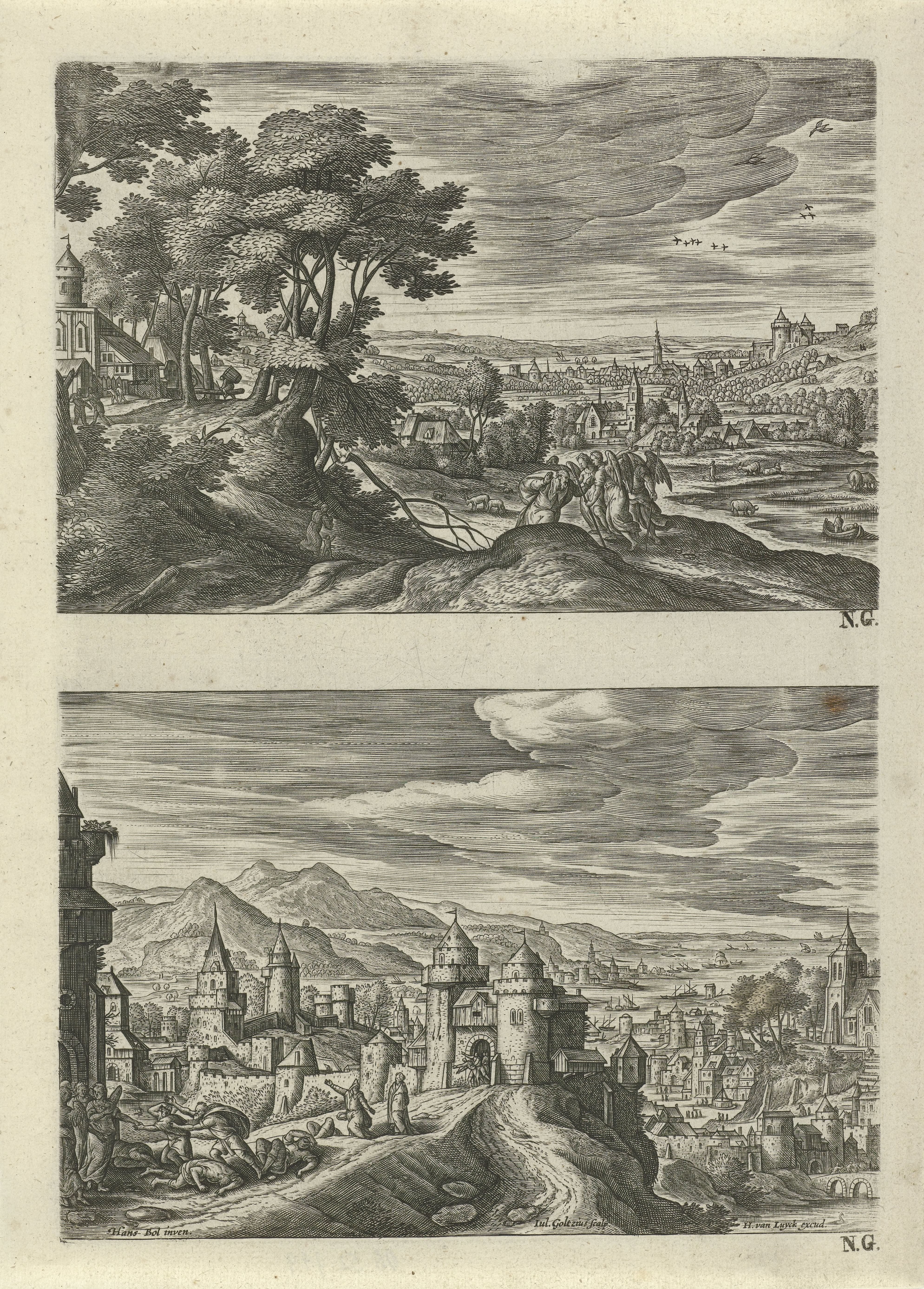 Twee landschappen met de engelen op weg naar Sodom