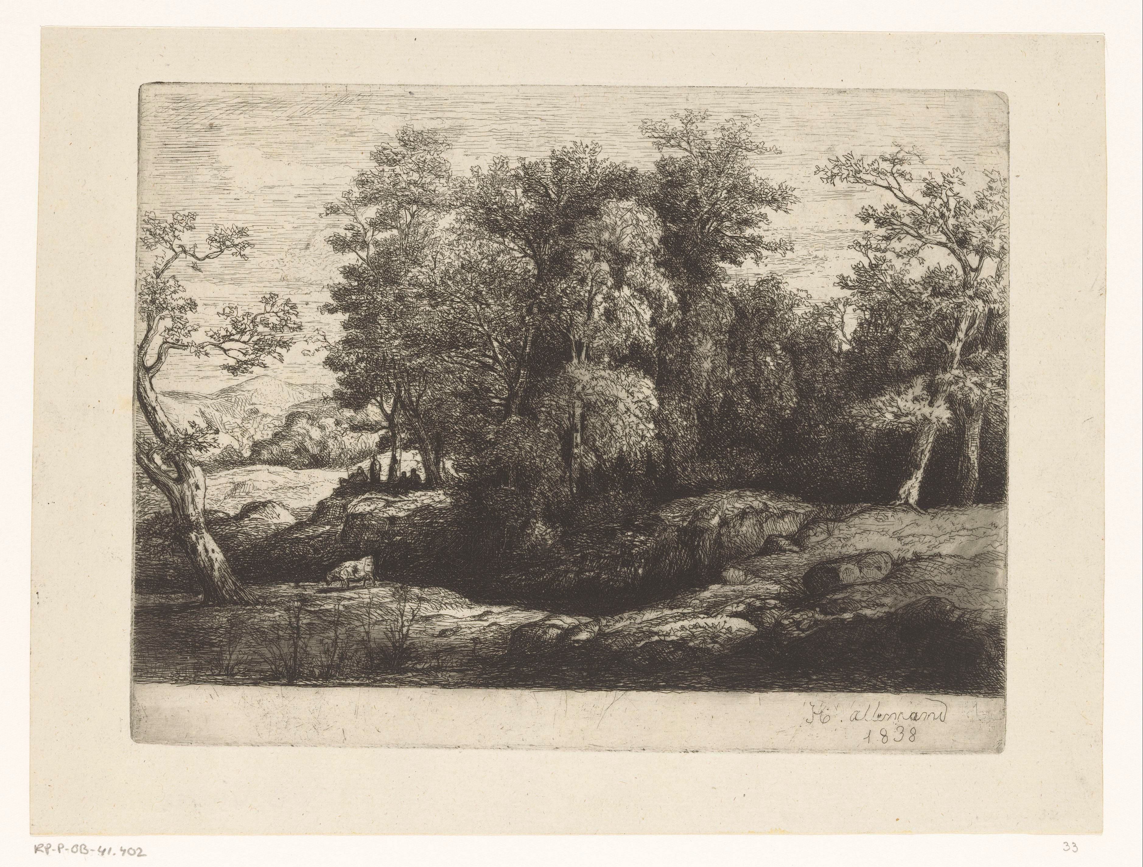 Figuren rustend onder een boom aan de rand van het bos