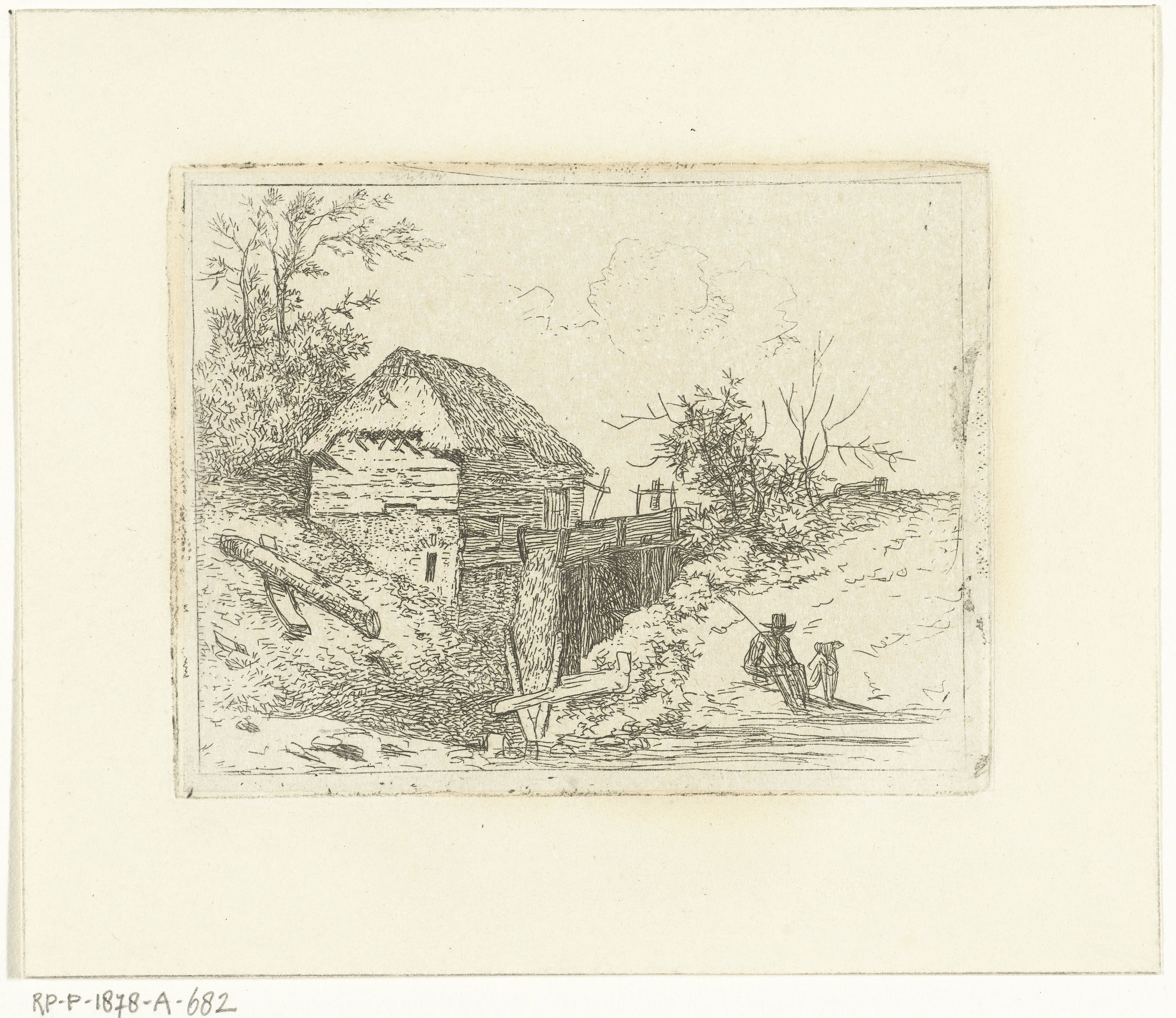 Landschap met watermolen en man met hond