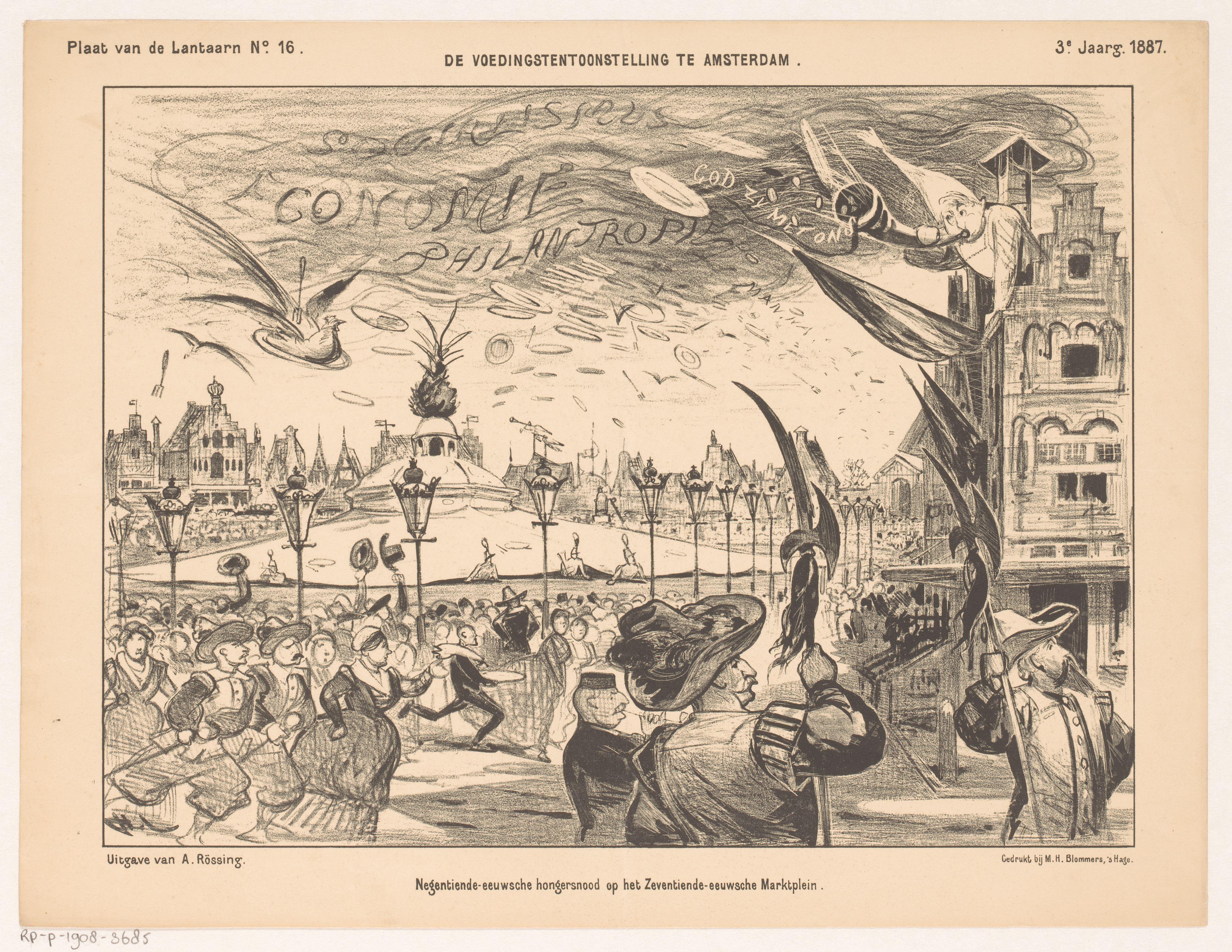 Spotprent over de tentoonstelling van voedingsmiddelen in Amsterdam in 1887