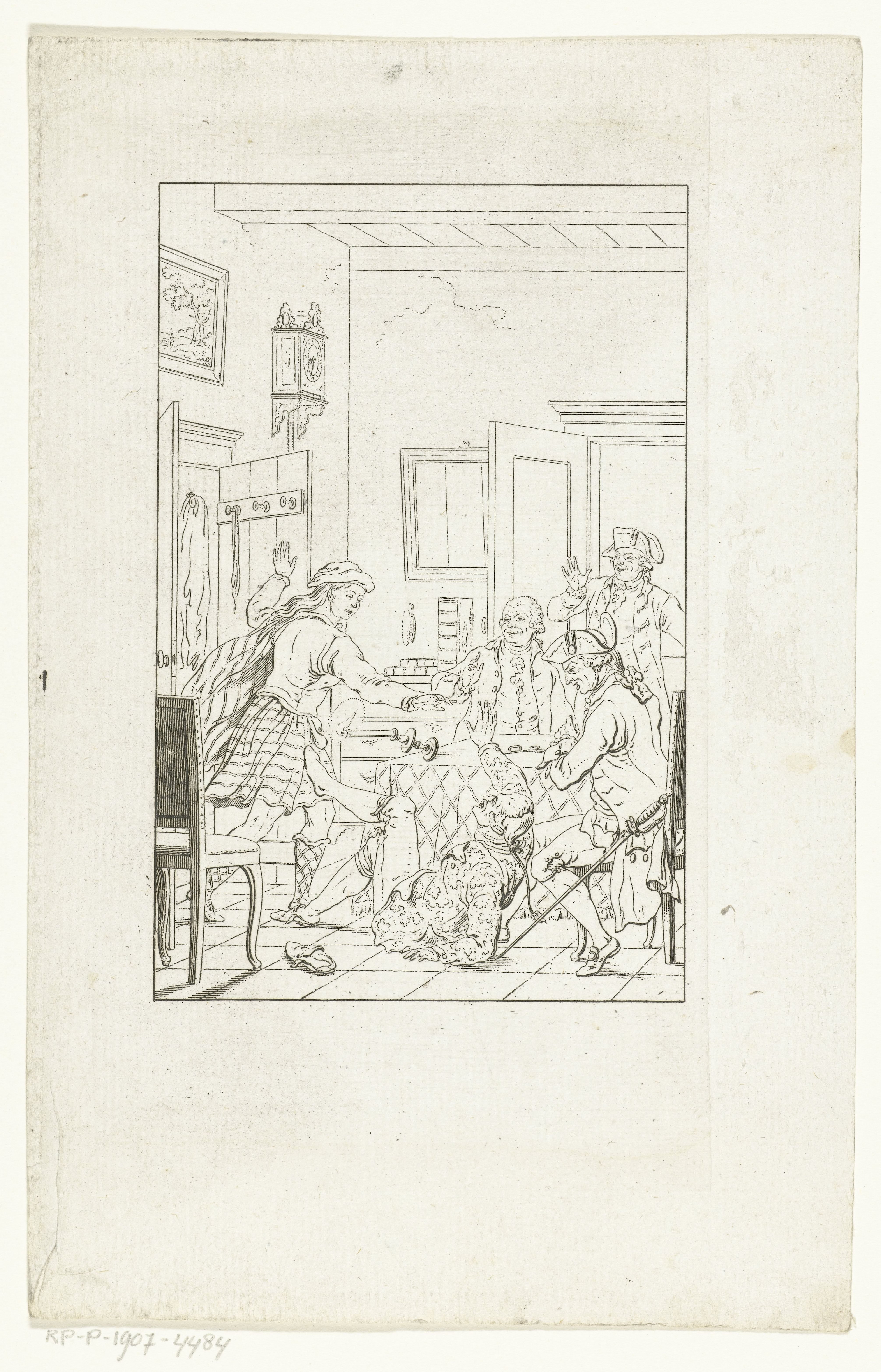 Interieur met kleermaker Balthazar Knoopius en bezoek