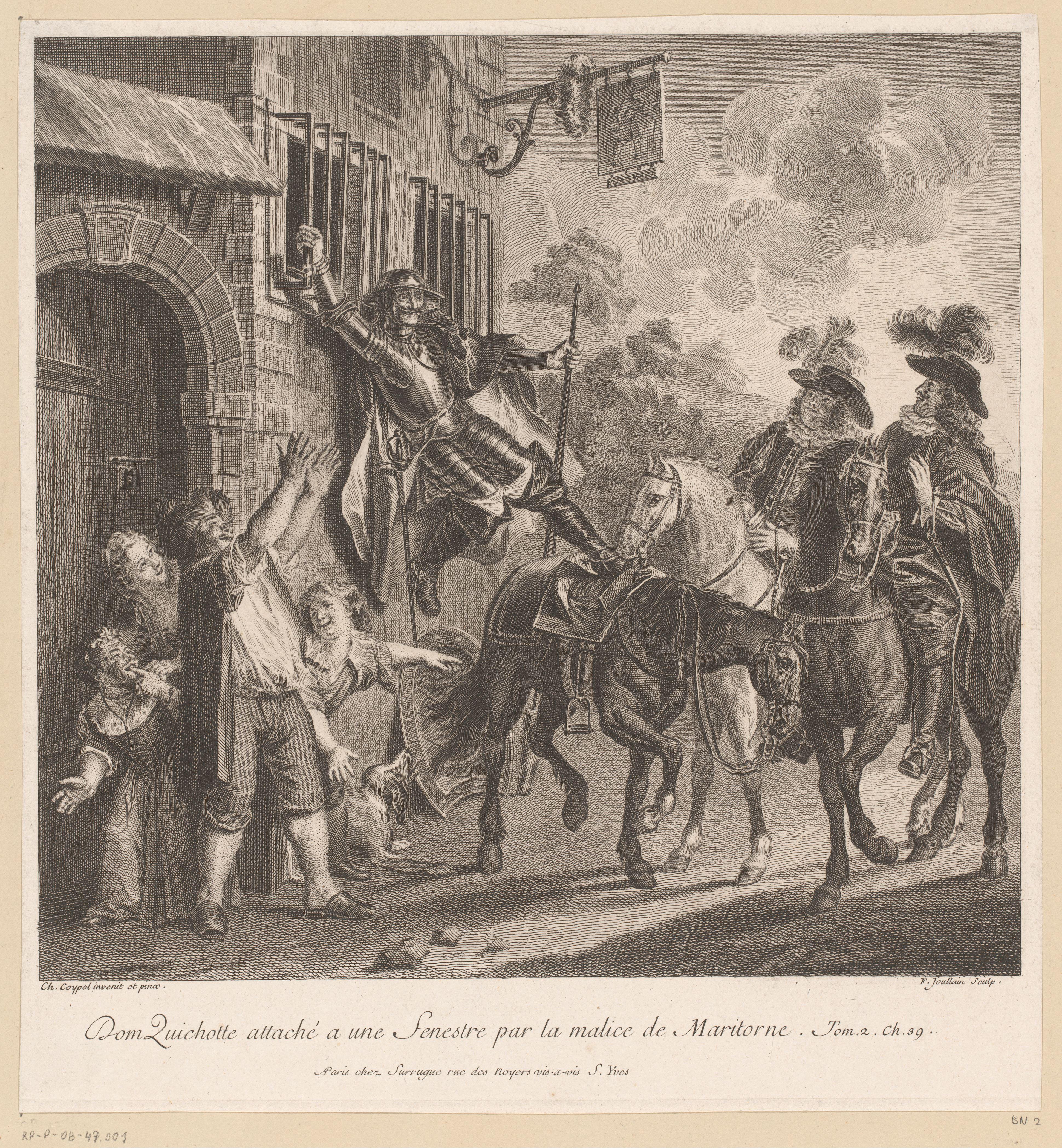 Don Quichotte vastgebonden aan een raam