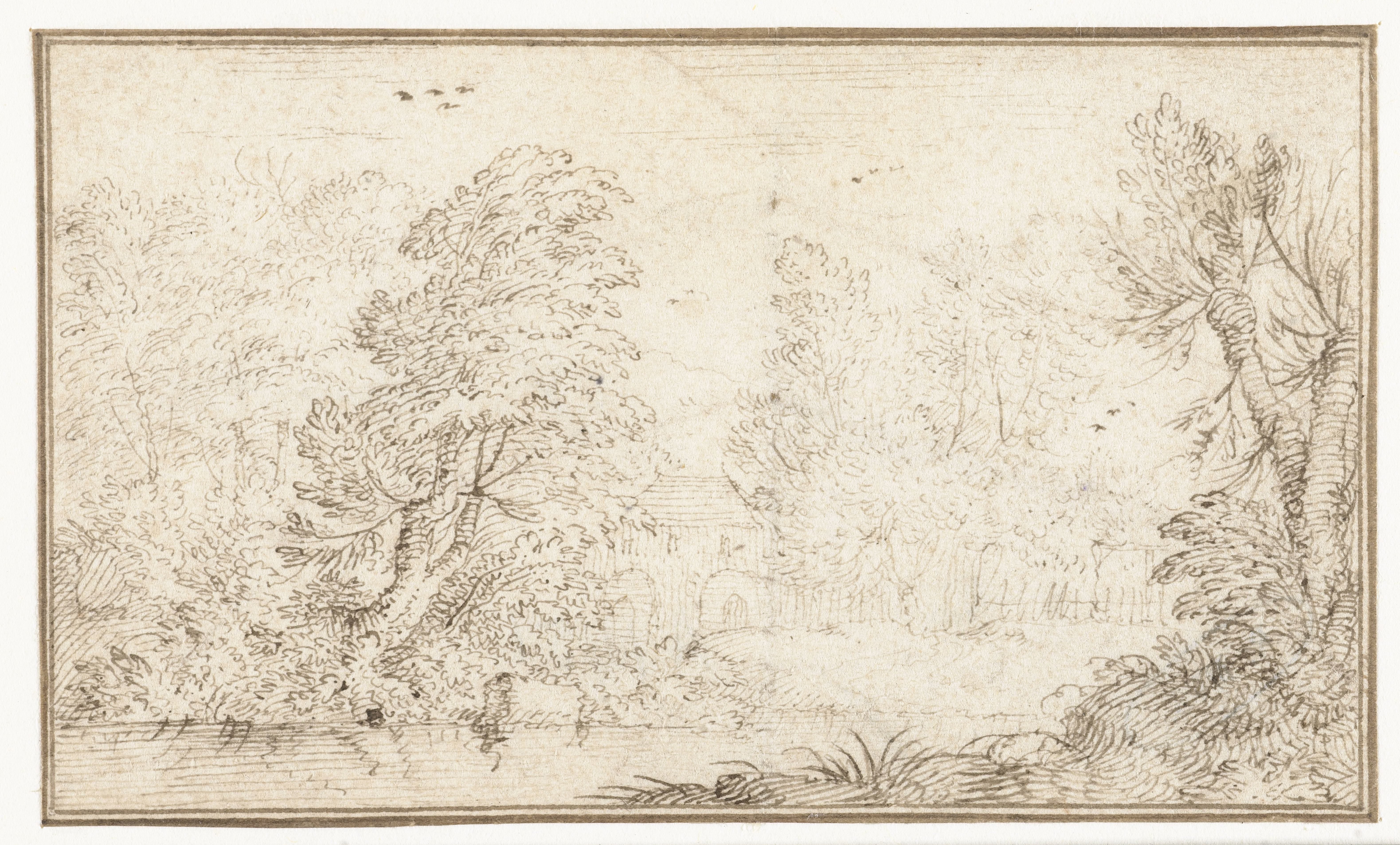 Boslandschap met huis aan rivier