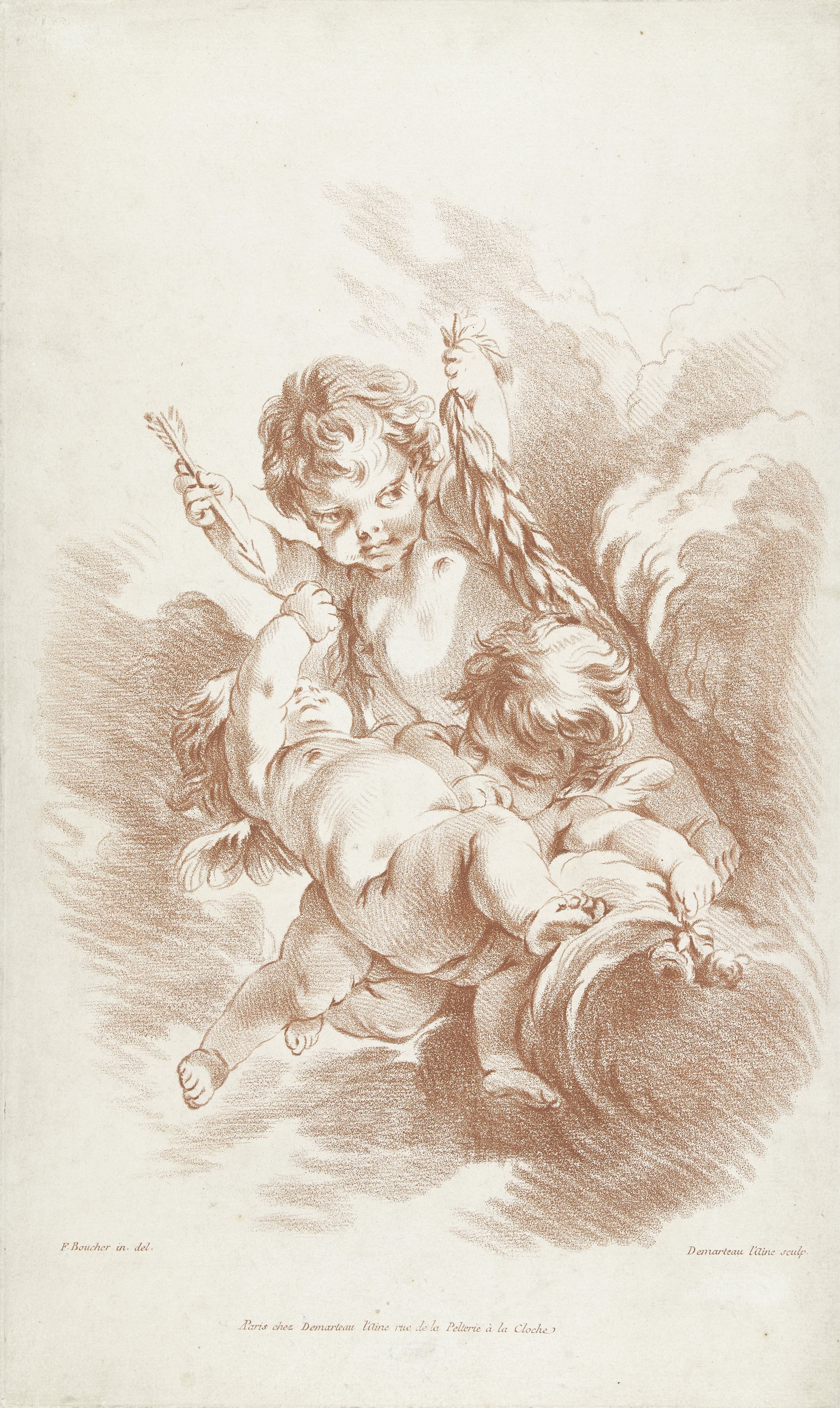 Drie spelende putti op wolken