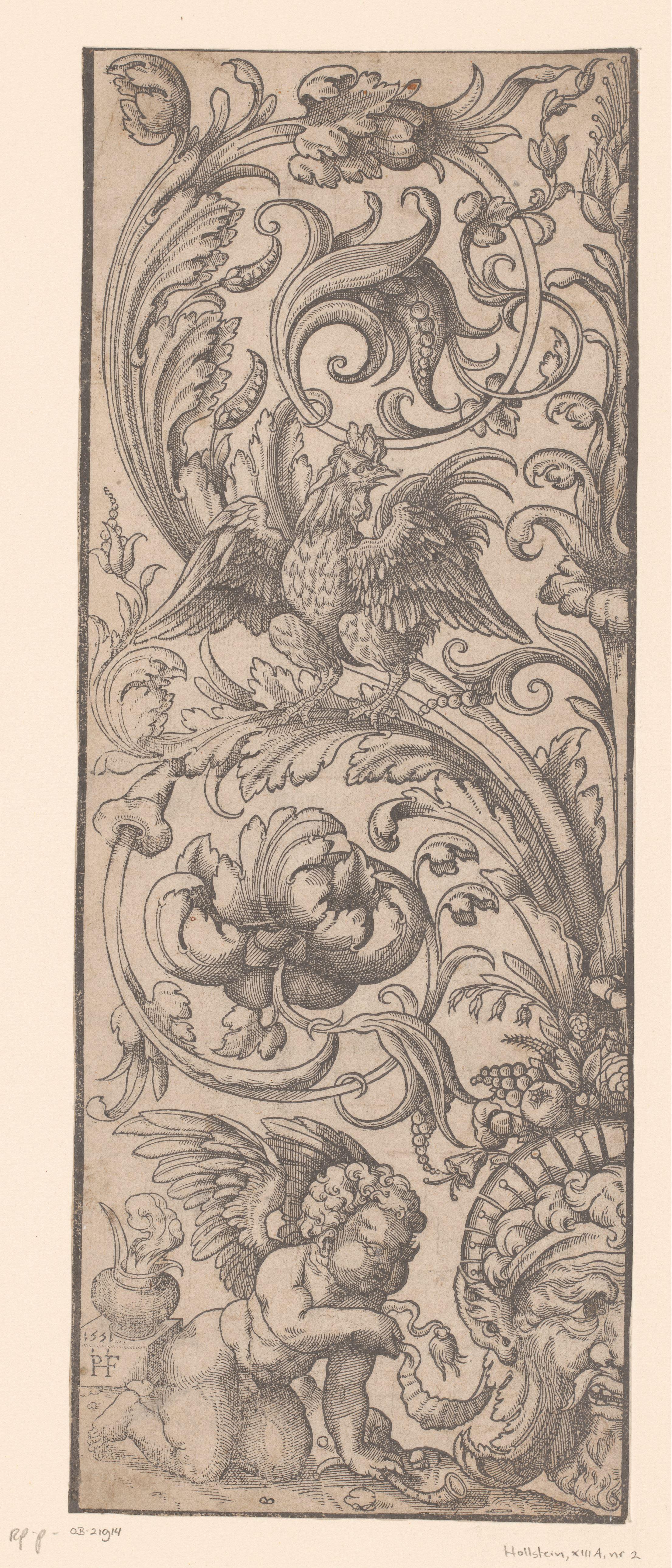 Ornament met een knielende putto en een haan
