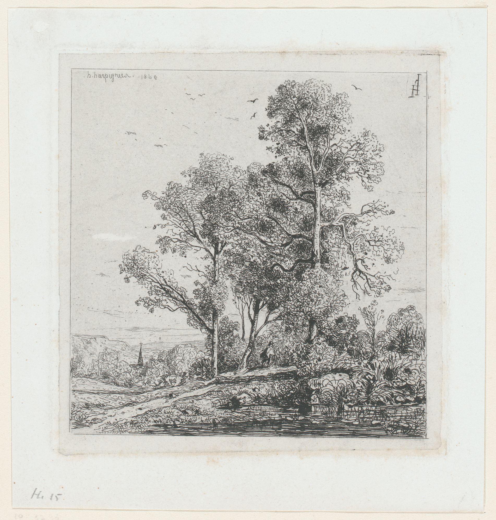 Landschap met een figuur op een pad langs een vijver