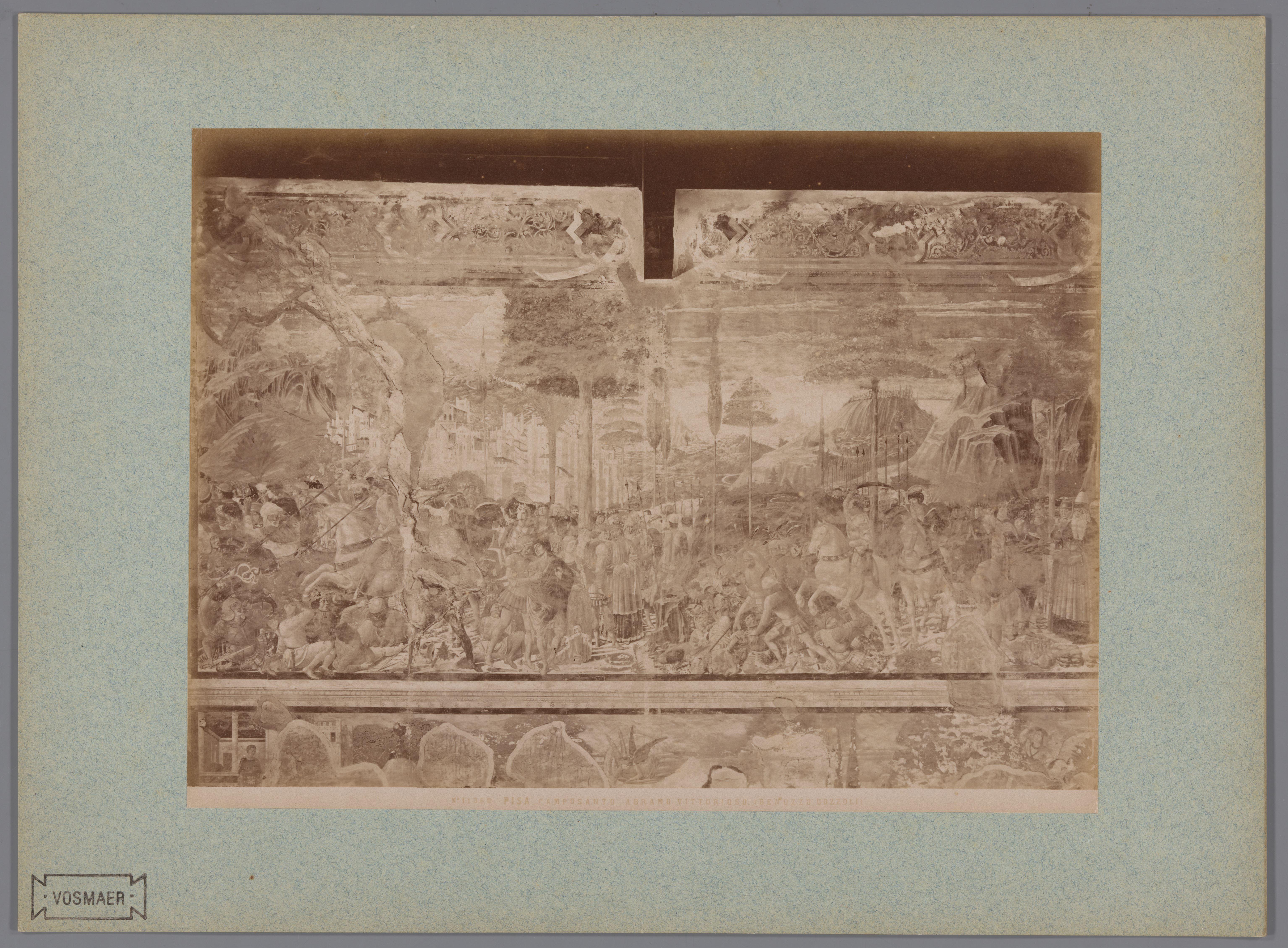 Fotoreproductie van het fresco Abraham zegevierend naar Benozzo Gozzoli in het Camposanto te Pisa, Italië