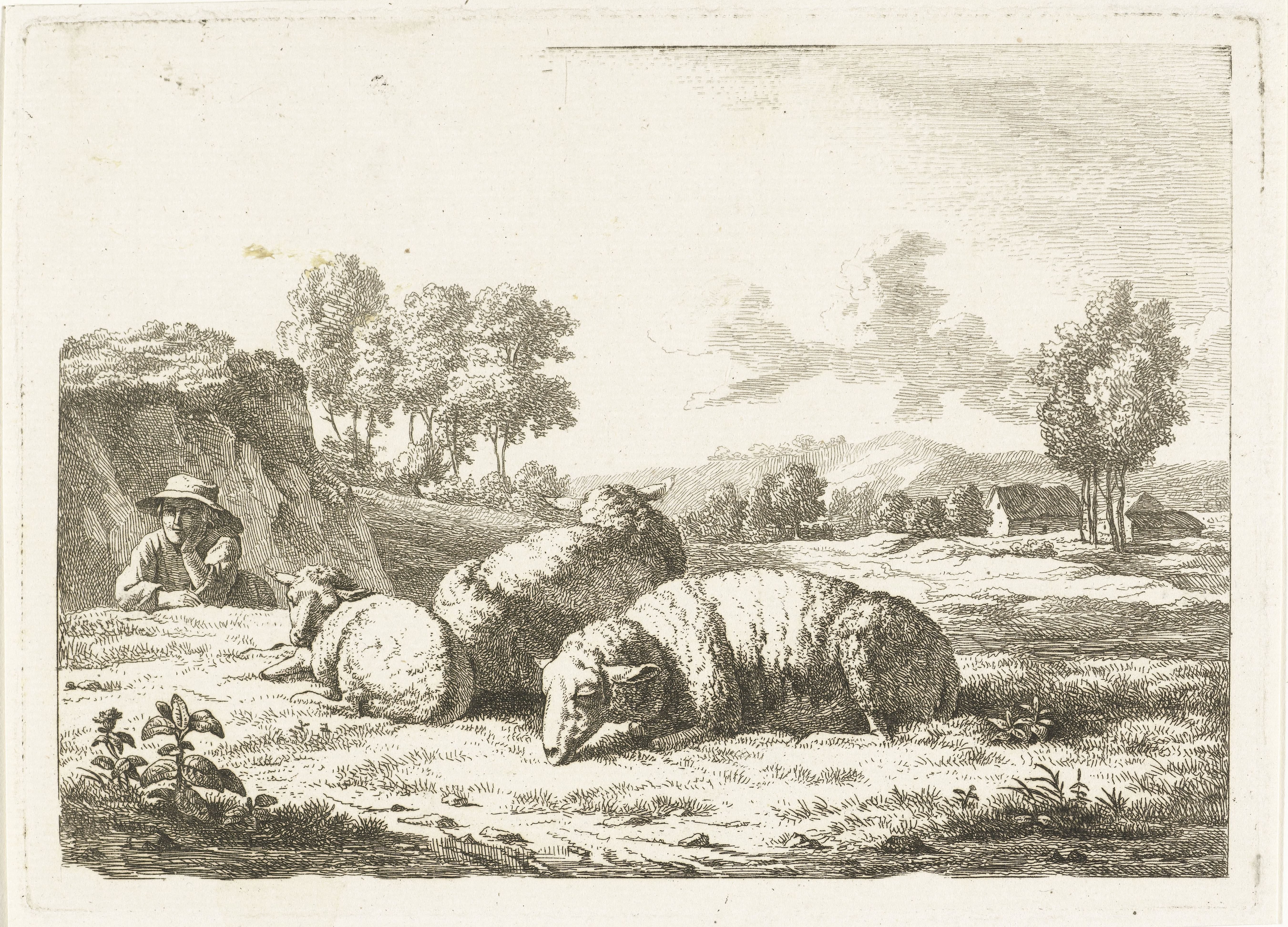 Landschap met liggende herder bij drie schapen