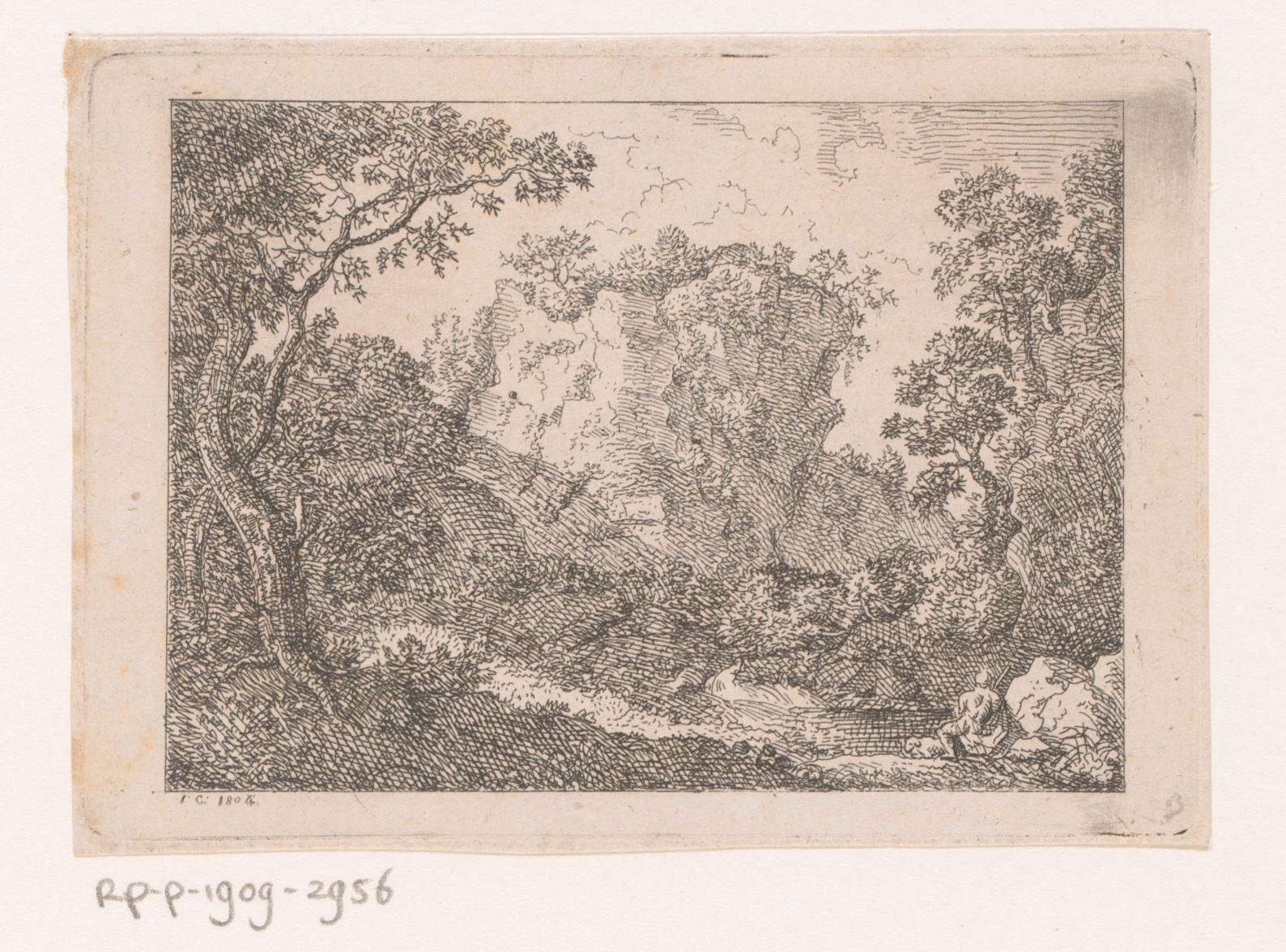 Landschap met hoge rots en een herder op de voorgrond
